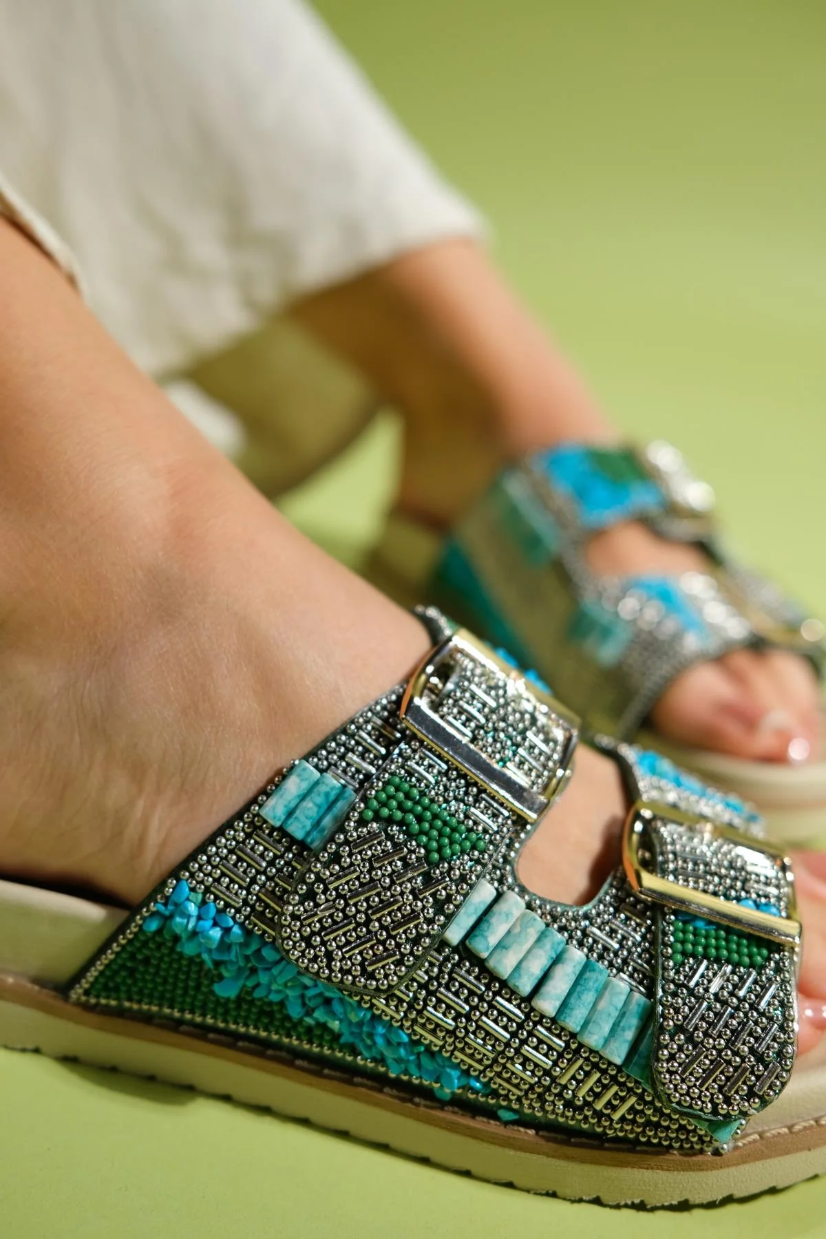 Lanso - Green Jeweled Double Strap Slide (Women) - Image 2
