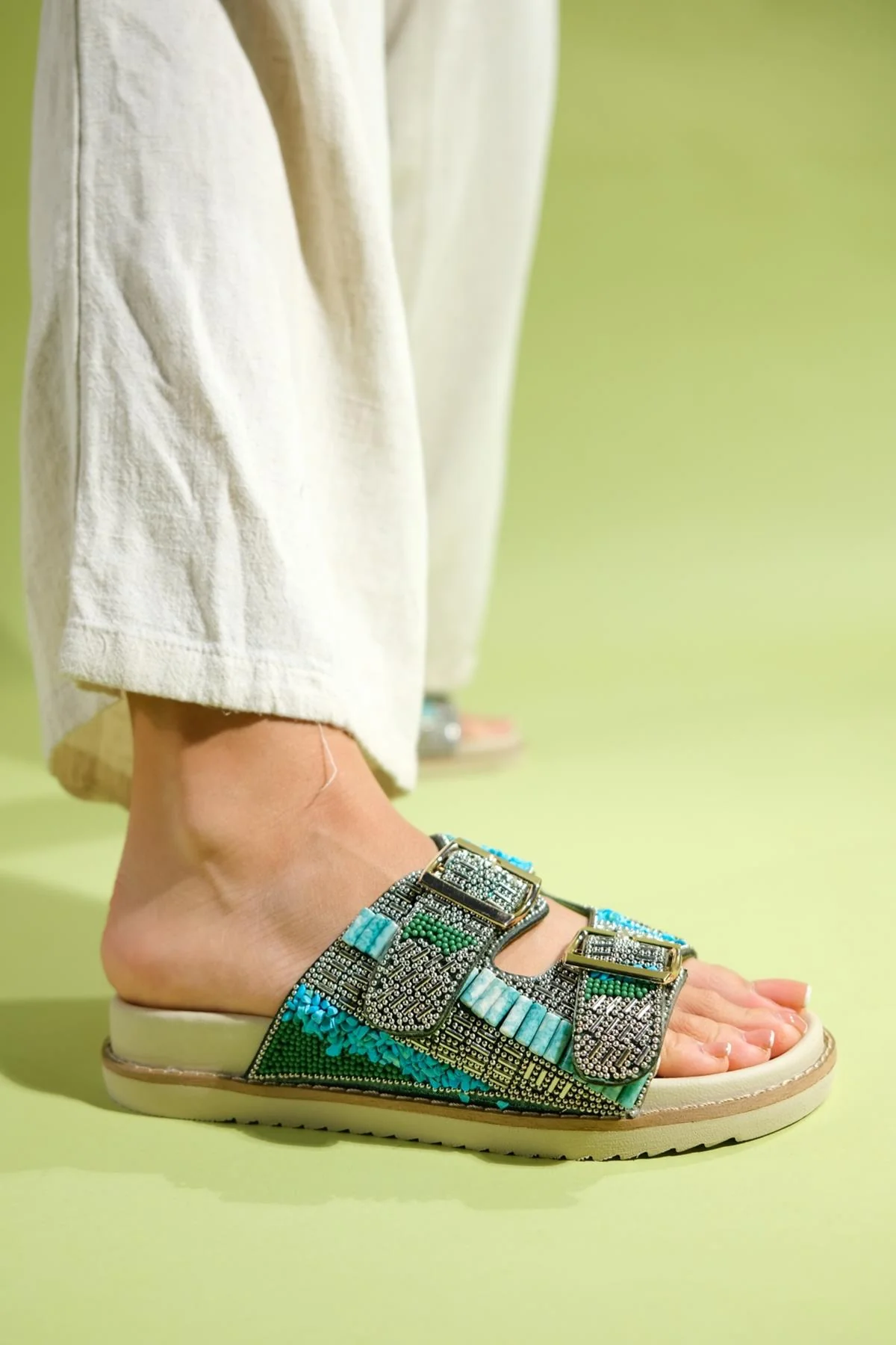 Lanso - Green Jeweled Double Strap Slide (Women) - Image 3