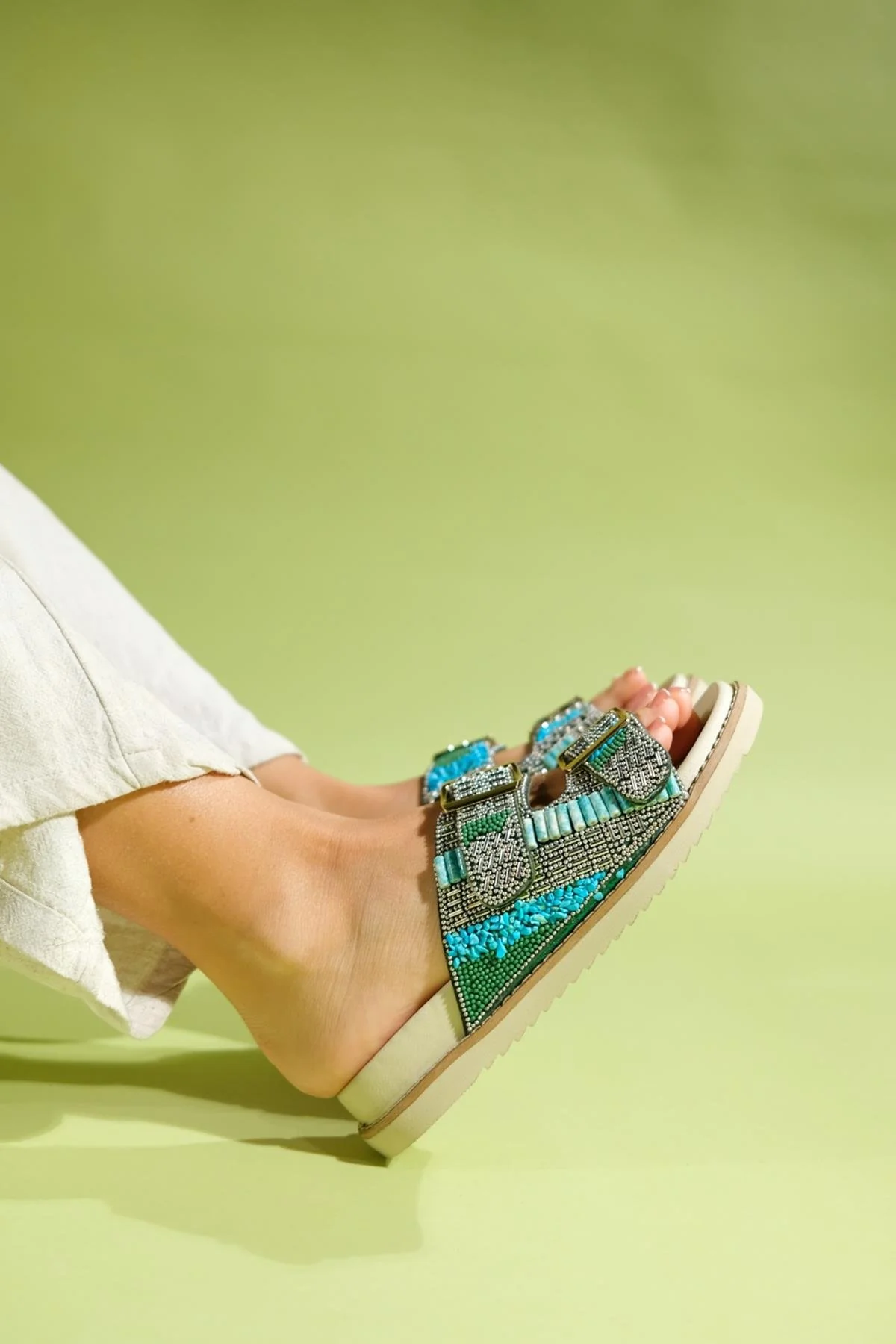 Lanso - Green Jeweled Double Strap Slide (Women) - Image 4