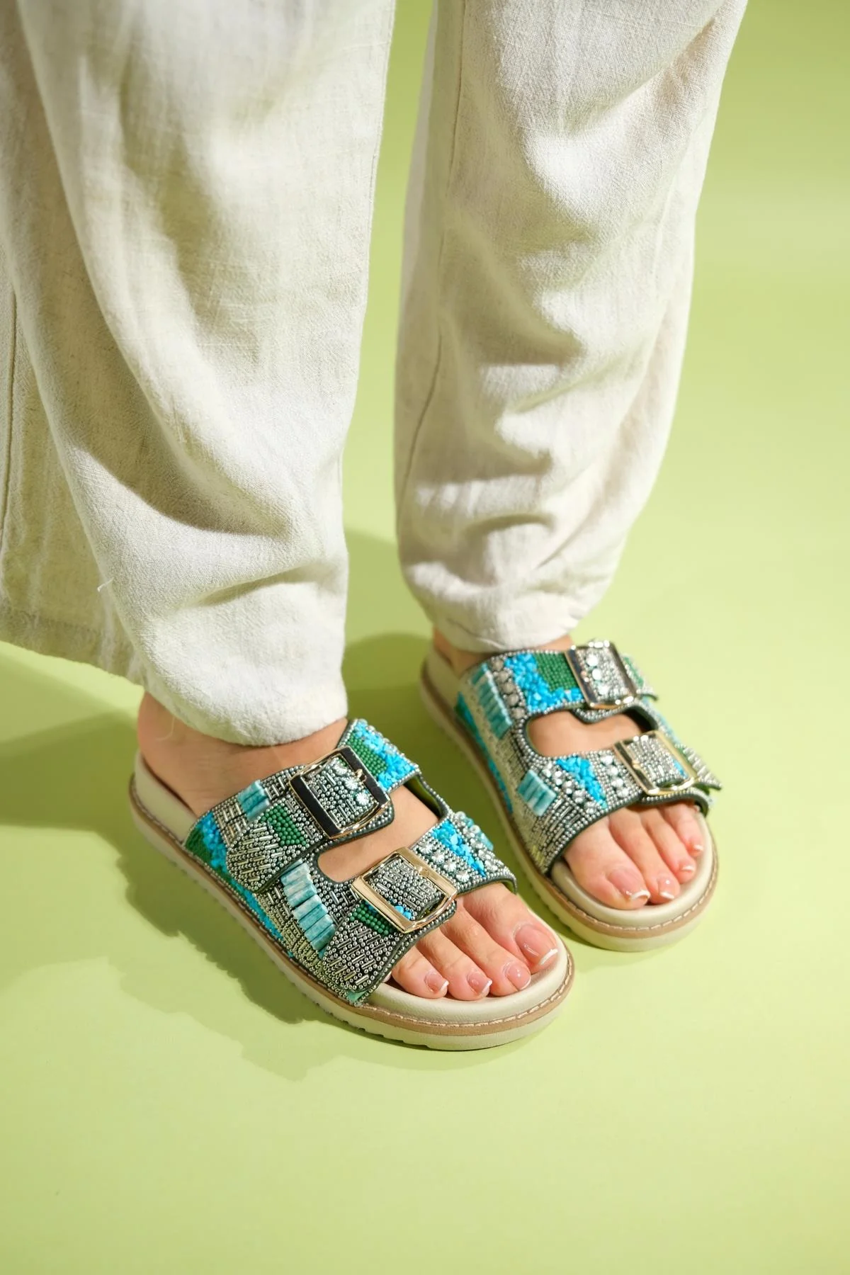 Lanso - Green Jeweled Double Strap Slide (Women) - Image 5