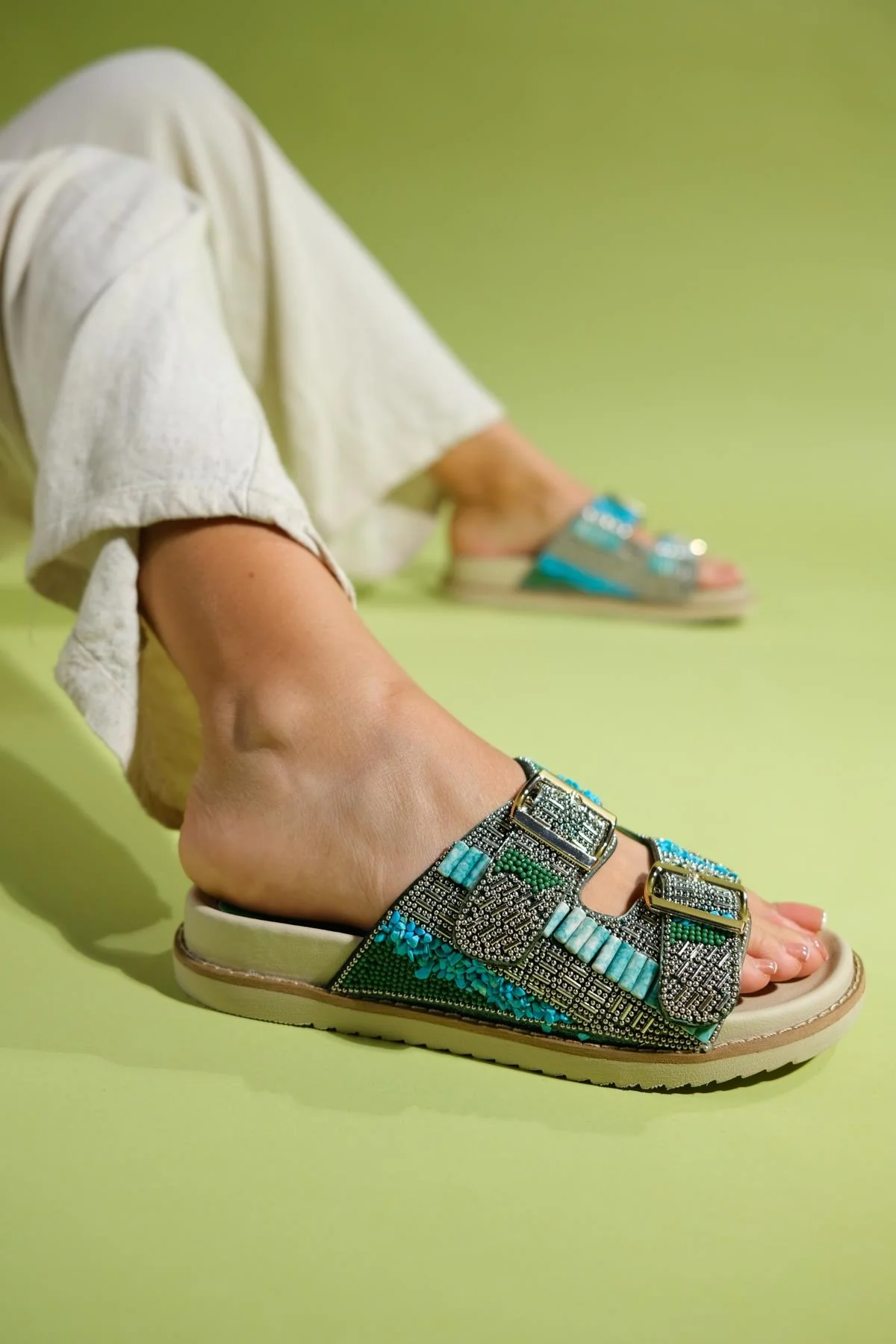 Lanso - Green Jeweled Double Strap Slide (Women) - Image 6
