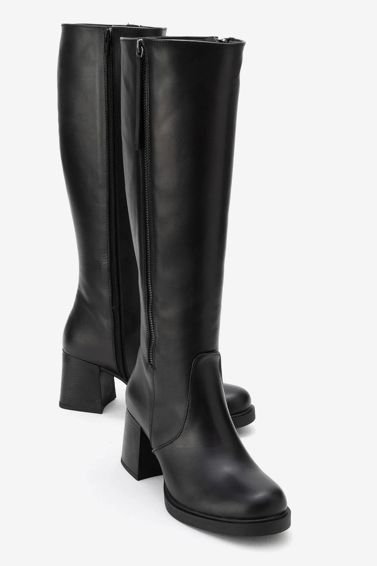 LENSA - Black Genuine Leather Block Heel Boot (Women)