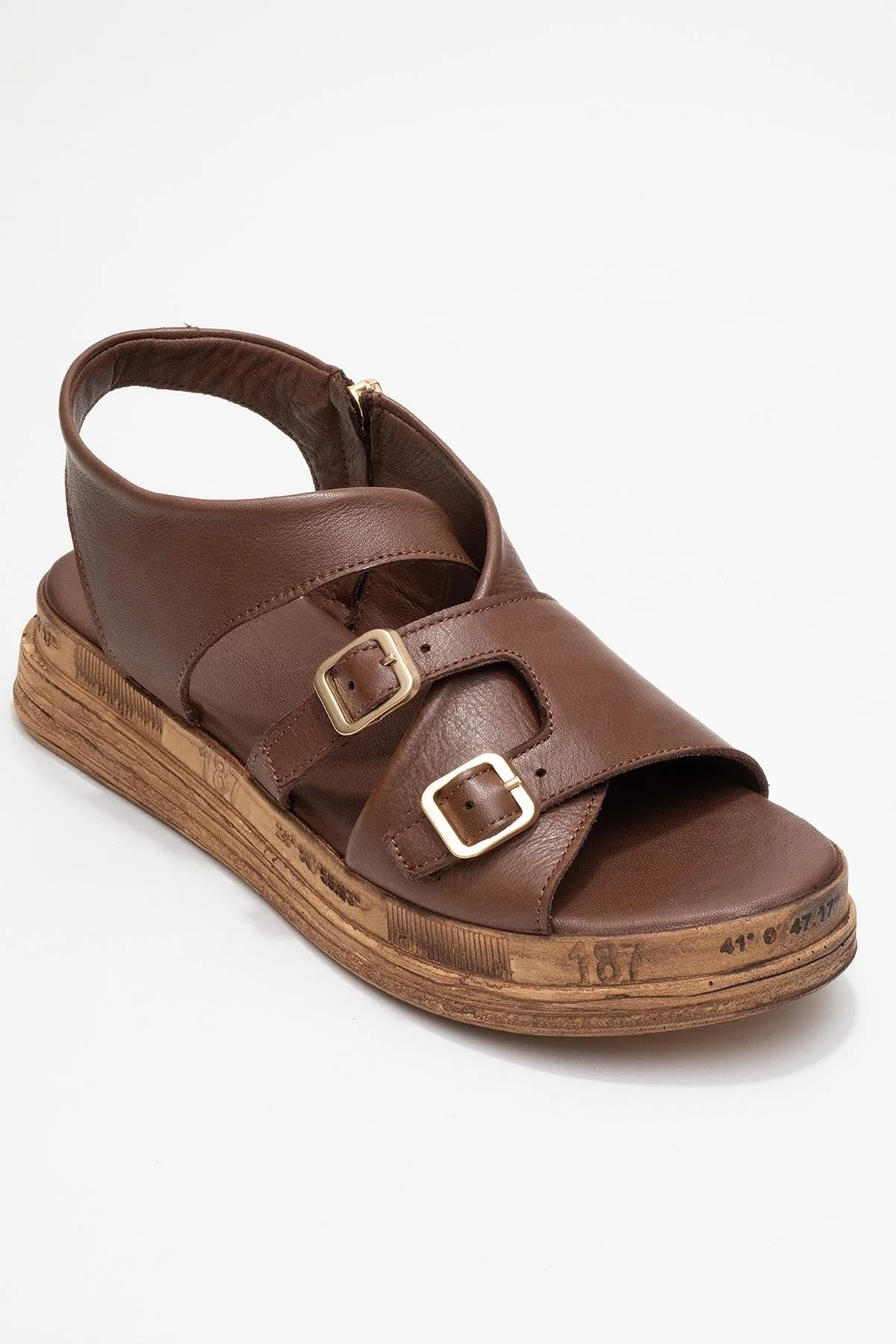 Levine Brown Leather Buckled Side-Zip Sandal (Women) - Image 3