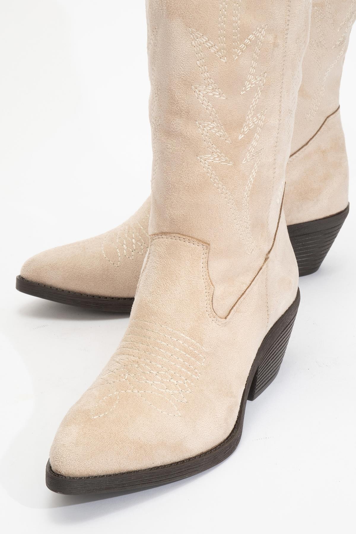 Liana - Beige Suede Chunky Heel Western Boot (Women) - Image 3