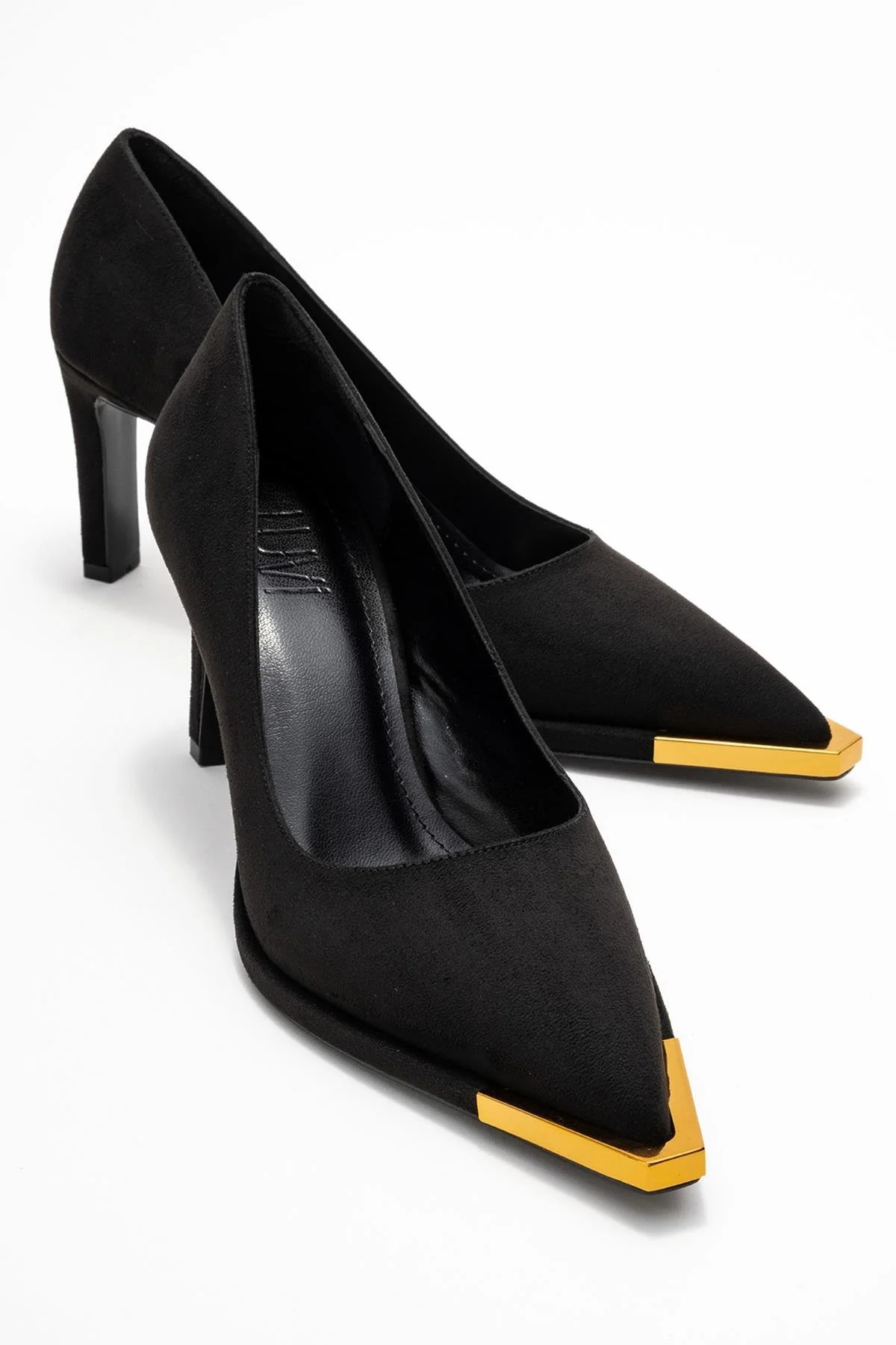 Liora - Black Suede Gold-Detail Block Heel Pump (Women)