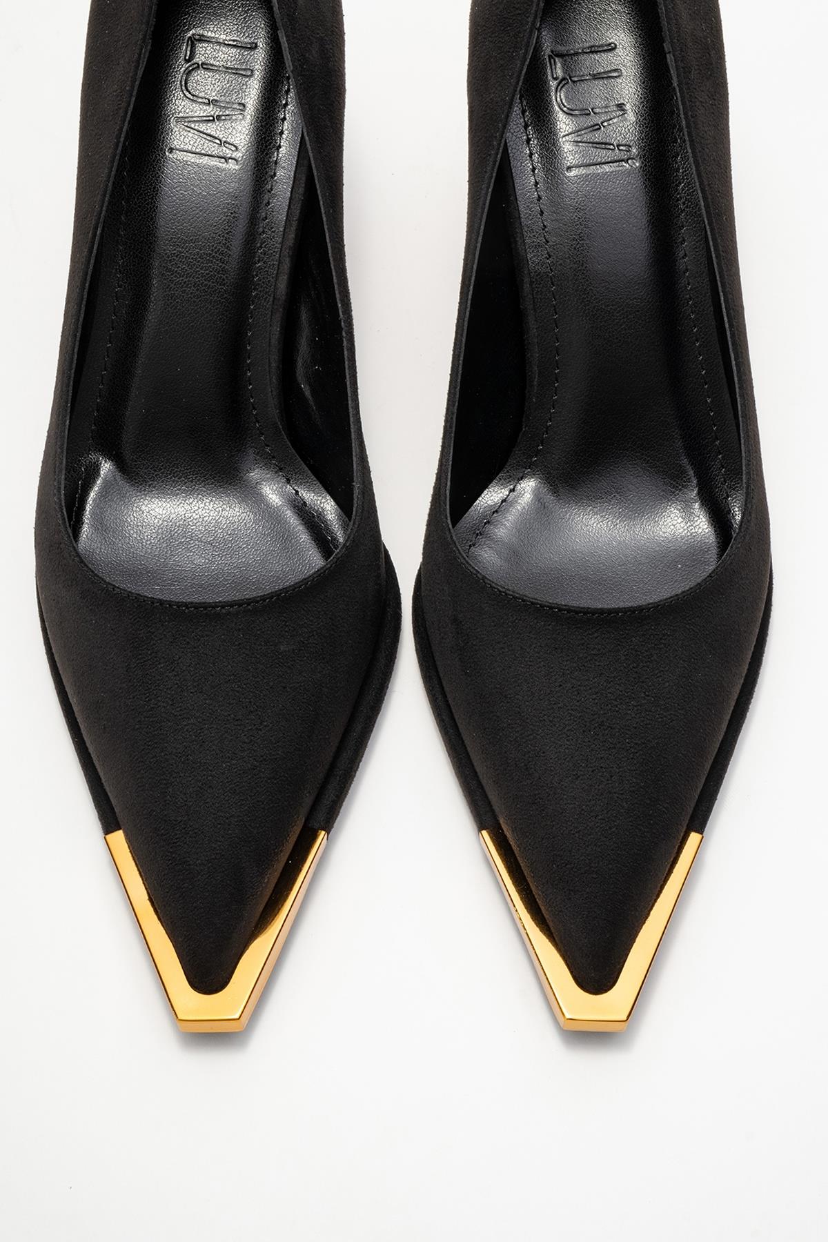 Liora - Black Suede Gold-Detail Block Heel Pump (Women) - Image 2