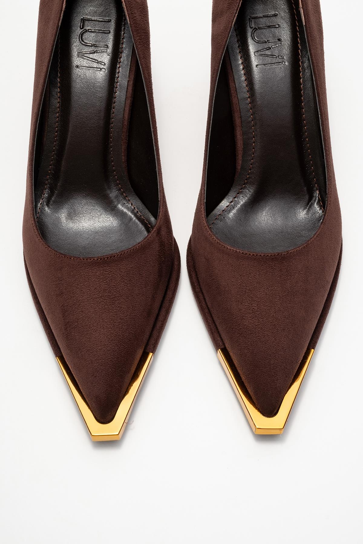 Liora - Brown Suede Gold-Detail Block Heel Pump (Women) - Image 2