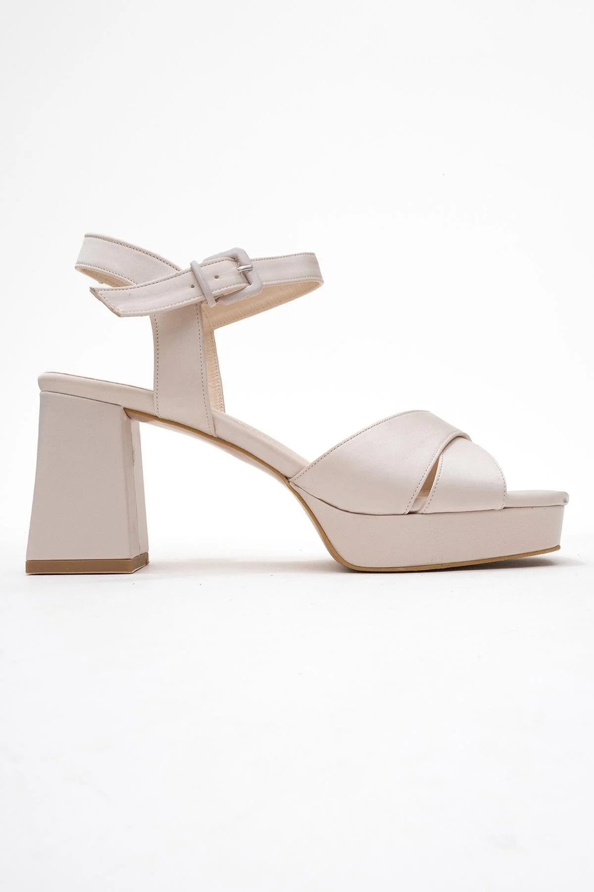 Lisbon - Beige Satin Cross-Strap Platform Heel Shoe (Women) - Image 6
