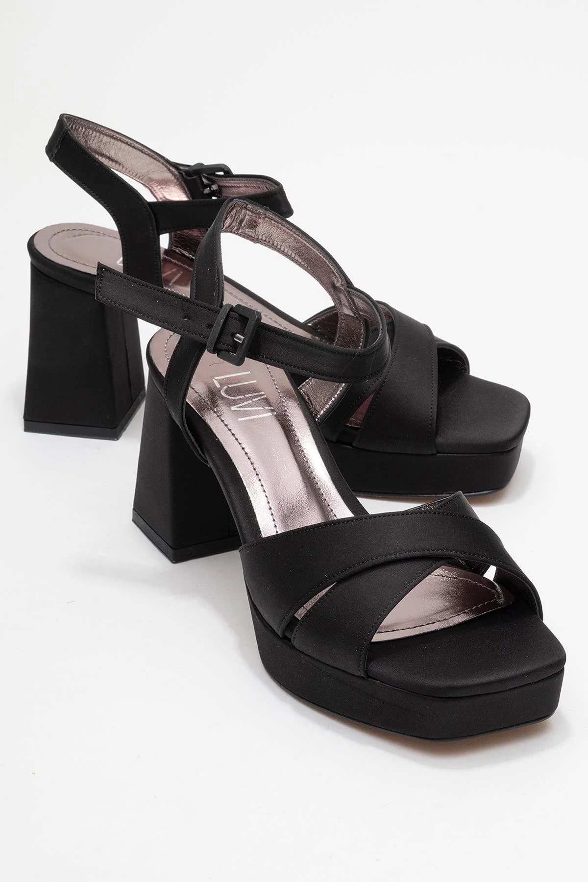 Lisbon - Black Satin Cross-Strap Platform Heel (Women)