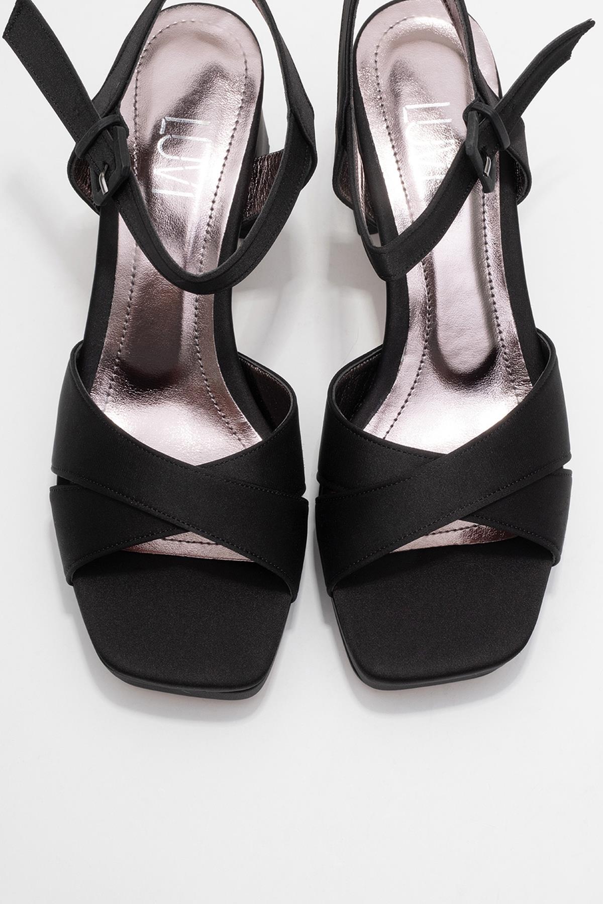 Lisbon - Black Satin Cross-Strap Platform Heel (Women) - Image 2