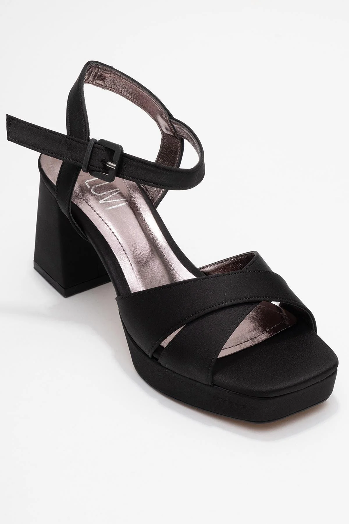 Lisbon - Black Satin Cross-Strap Platform Heel (Women) - Image 3