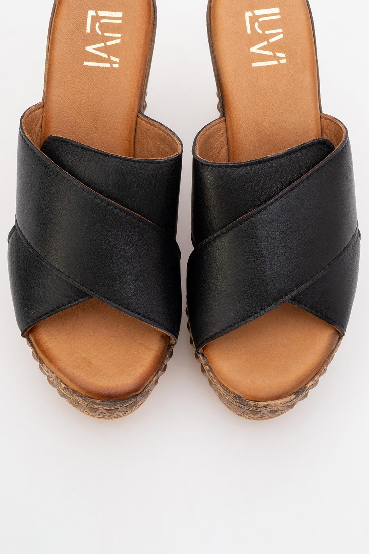 Lois - Black Wedge Leather Sandal (Women) - Image 2