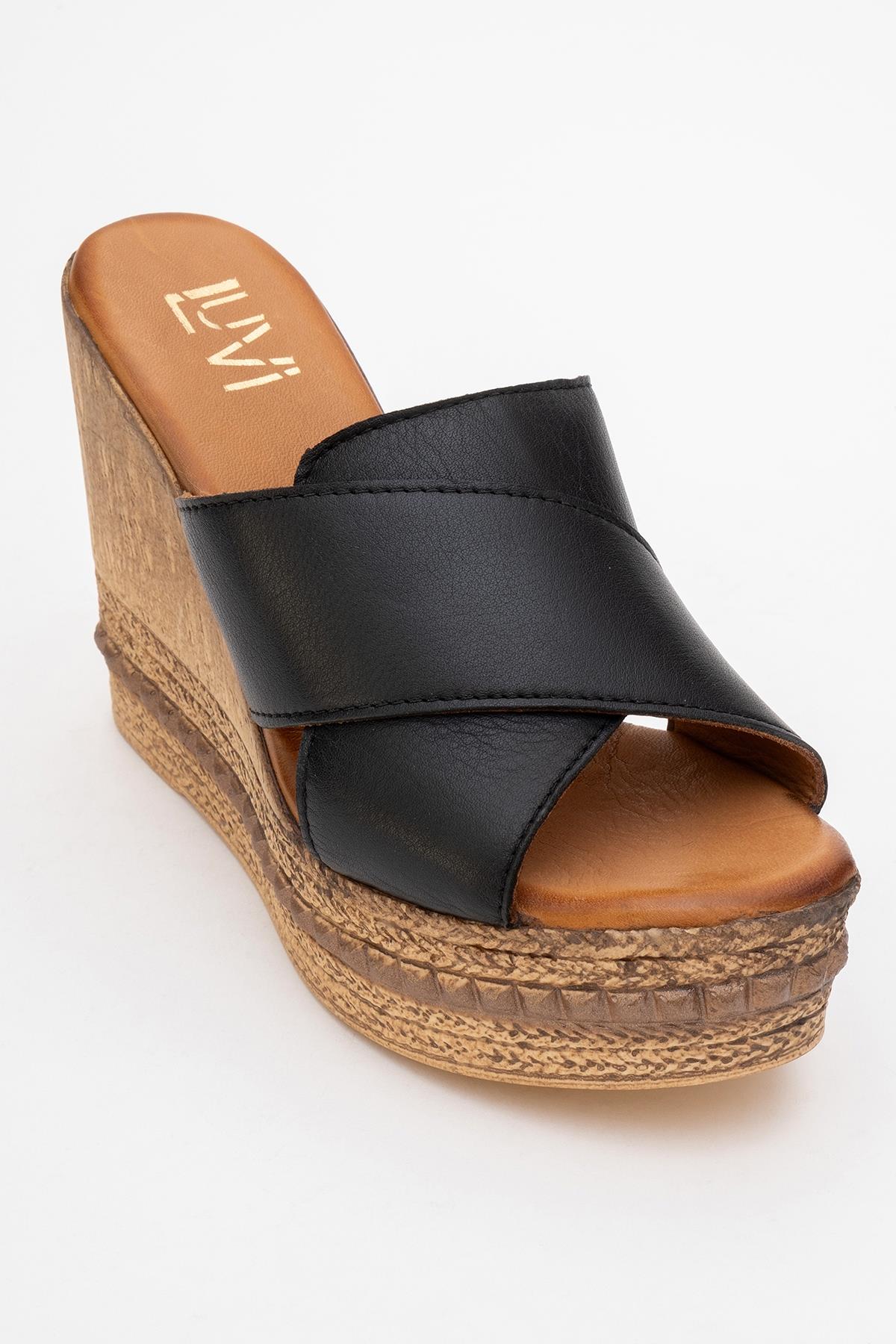 Lois - Black Wedge Leather Sandal (Women) - Image 3