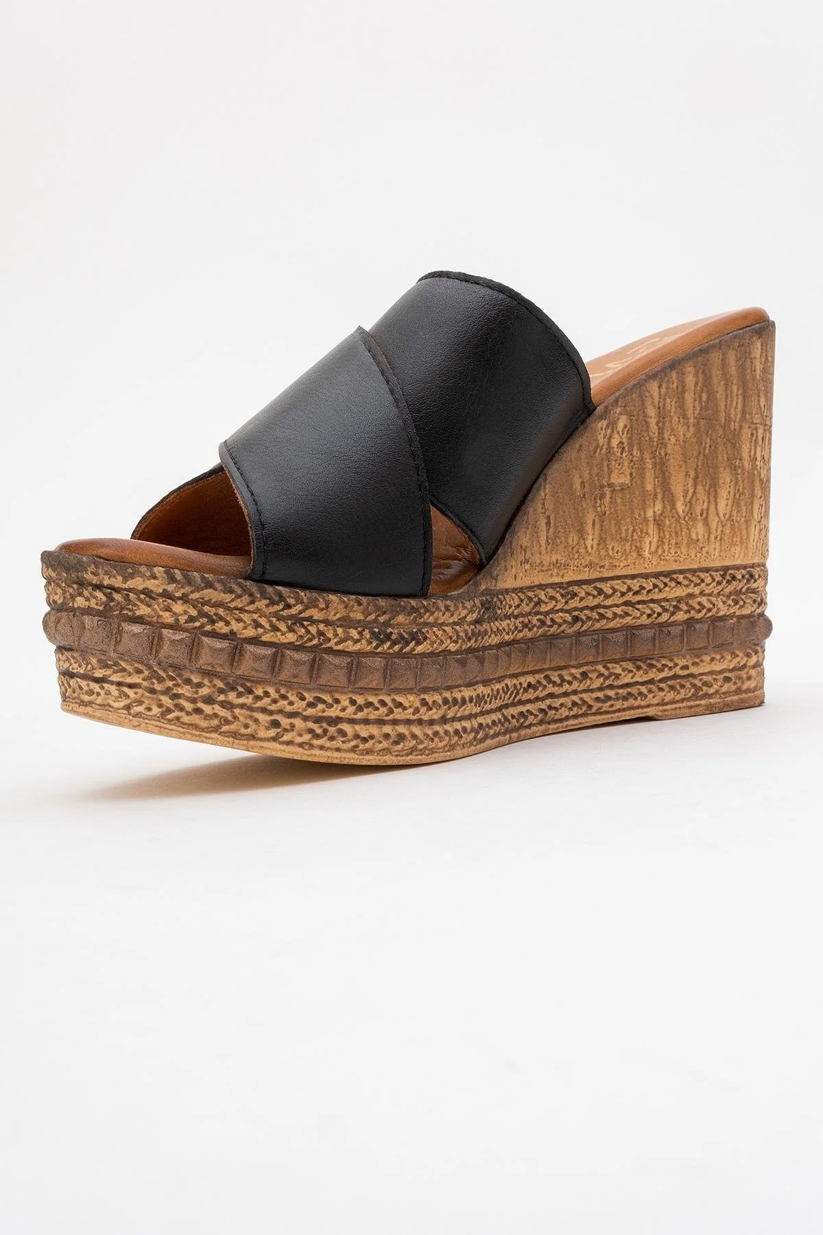 Lois - Black Wedge Leather Sandal (Women) - Image 4