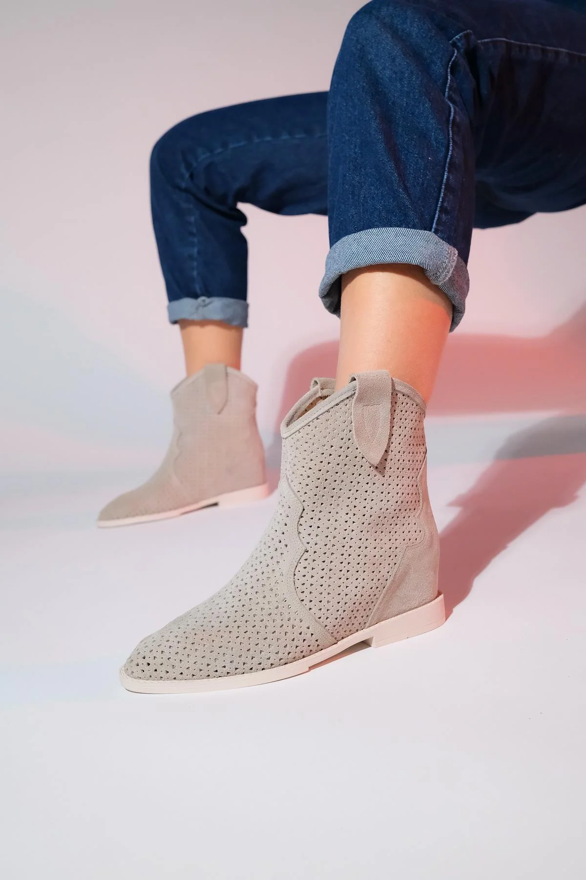 Loivos - Beige Genuine Leather Perforated Hidden Heel Summer Boot (Women)