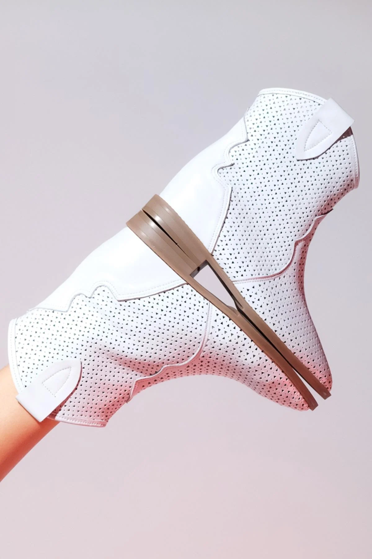 Loivos - White Genuine Leather Perforated Hidden Wedge Summer Ankle Boot (Women)
