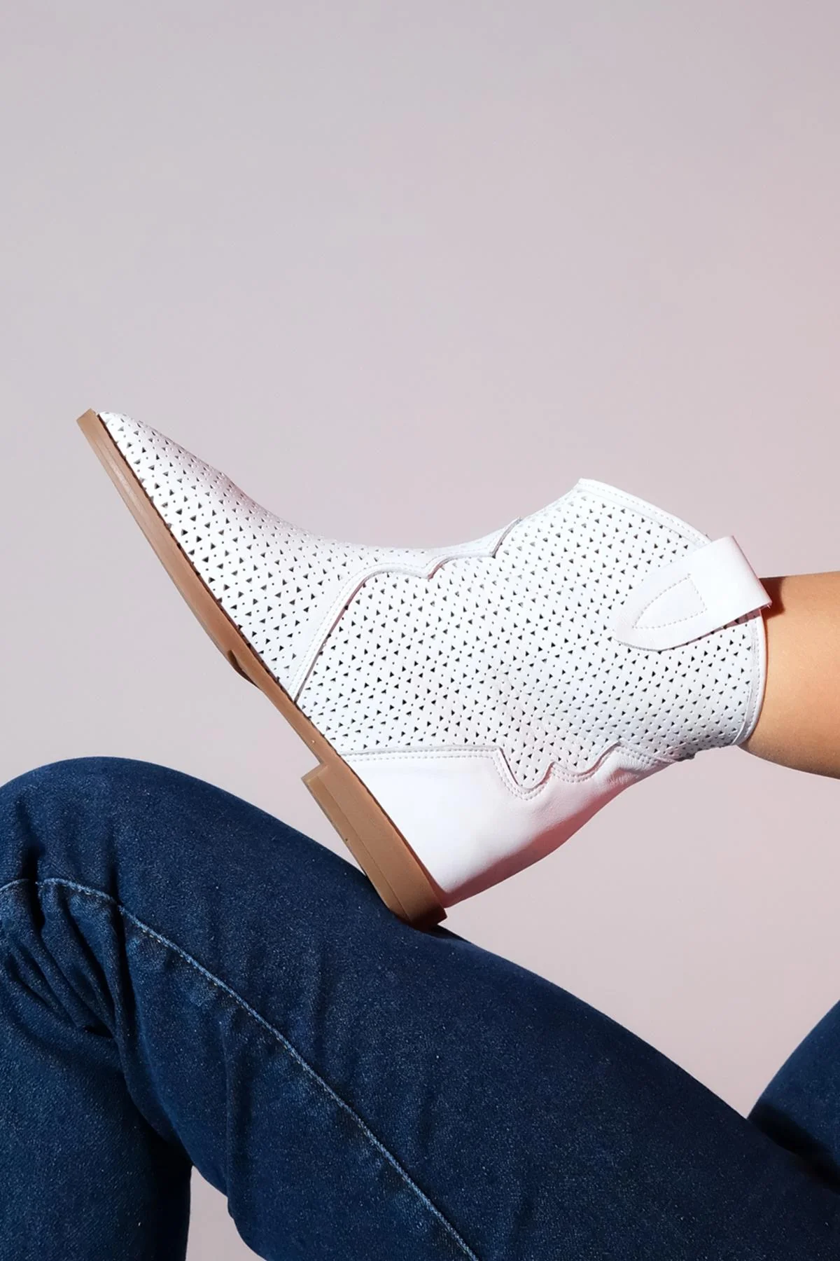 Loivos - White Genuine Leather Perforated Hidden Wedge Summer Ankle Boot (Women) - Image 2