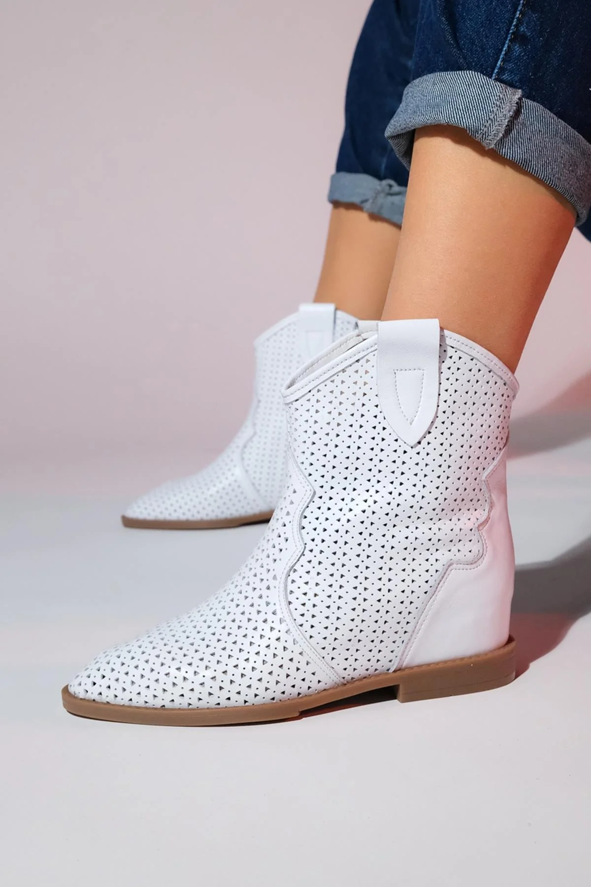 Loivos - White Genuine Leather Perforated Hidden Wedge Summer Ankle Boot (Women) - Image 3