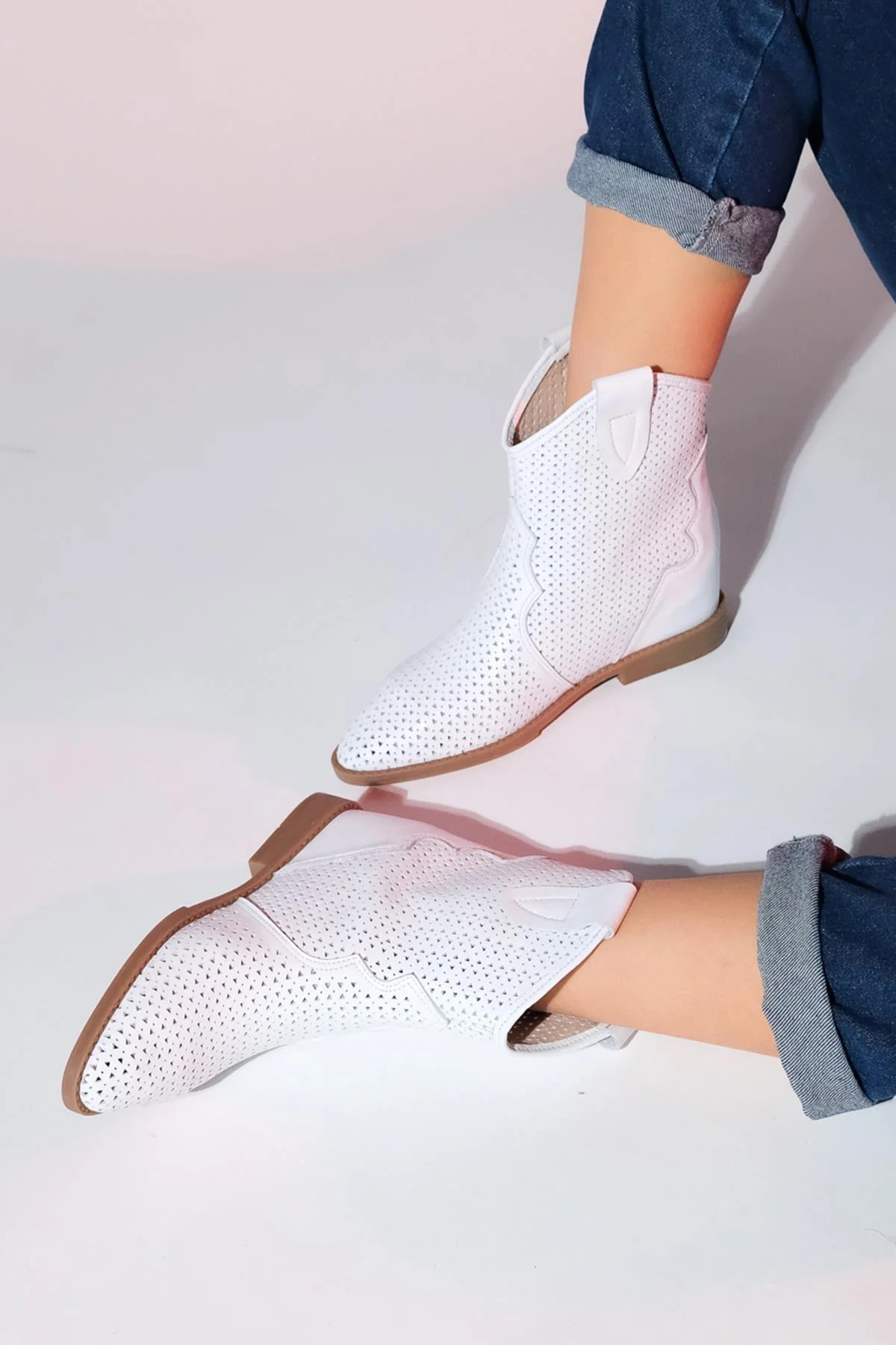 Loivos - White Genuine Leather Perforated Hidden Wedge Summer Ankle Boot (Women) - Image 4