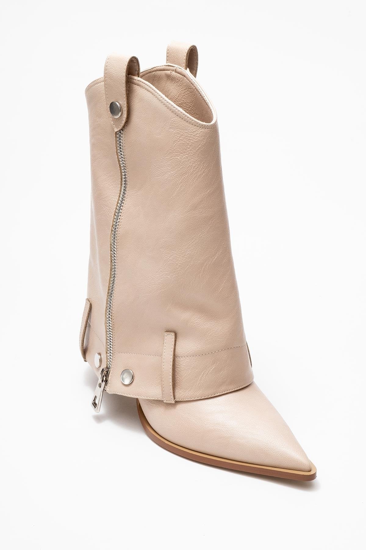 Lola - Beige Zip Pointed Toe Heeled Boot (Women) - Image 3