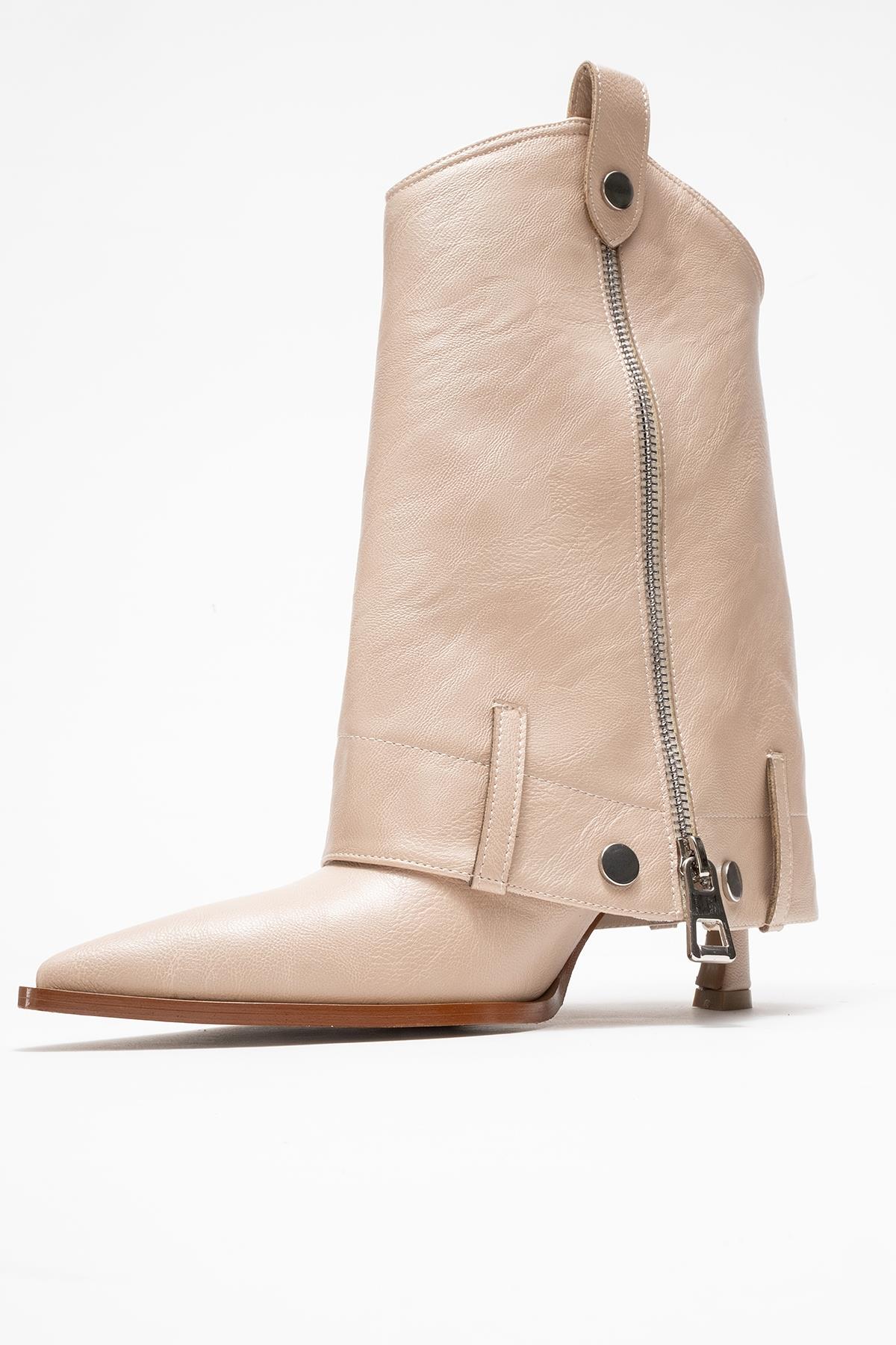 Lola - Beige Zip Pointed Toe Heeled Boot (Women) - Image 4