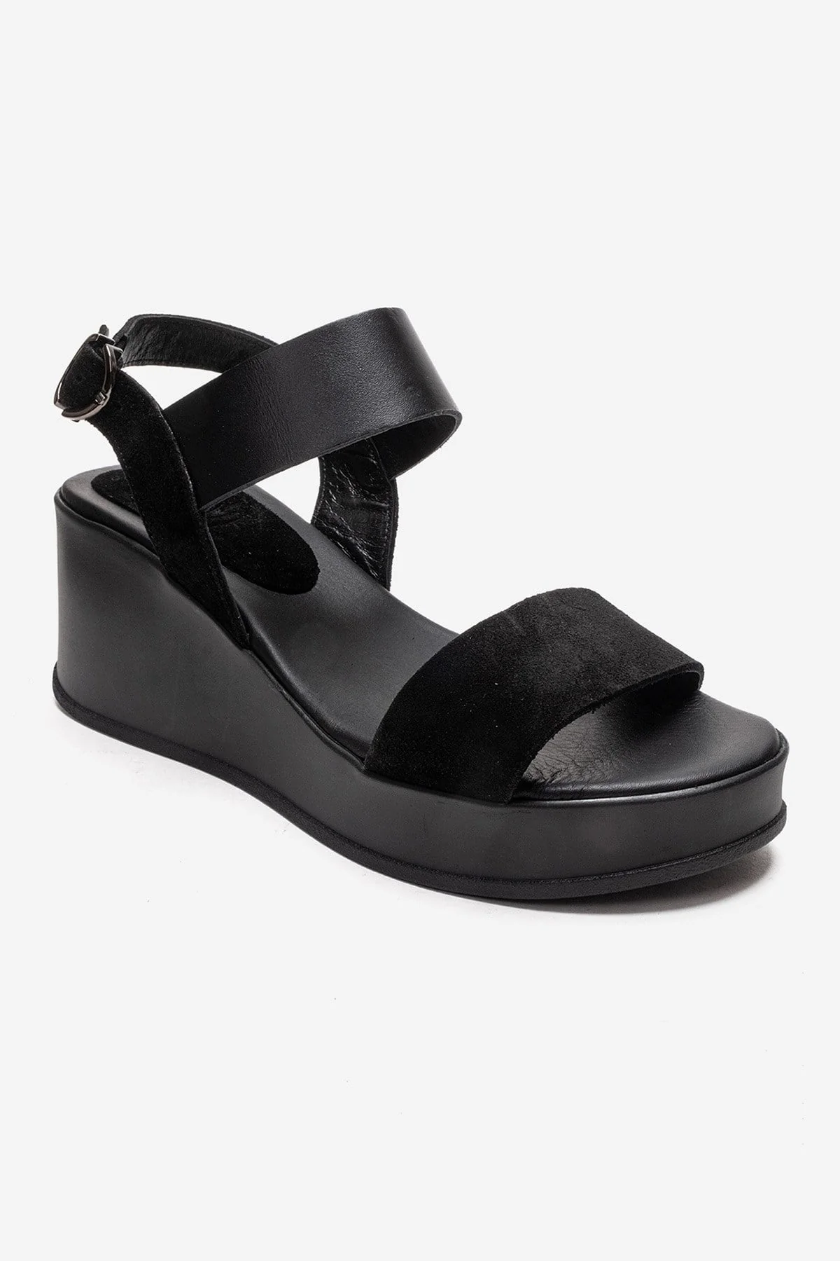 LOLANTHE - Black Genuine Leather Wedge Heel Sandal (Women) - Image 3