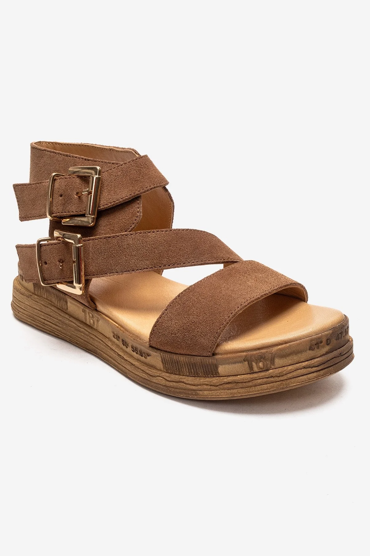 LORENTIS - Camel Genuine Leather Double Buckle Sandal (Women) - Image 3
