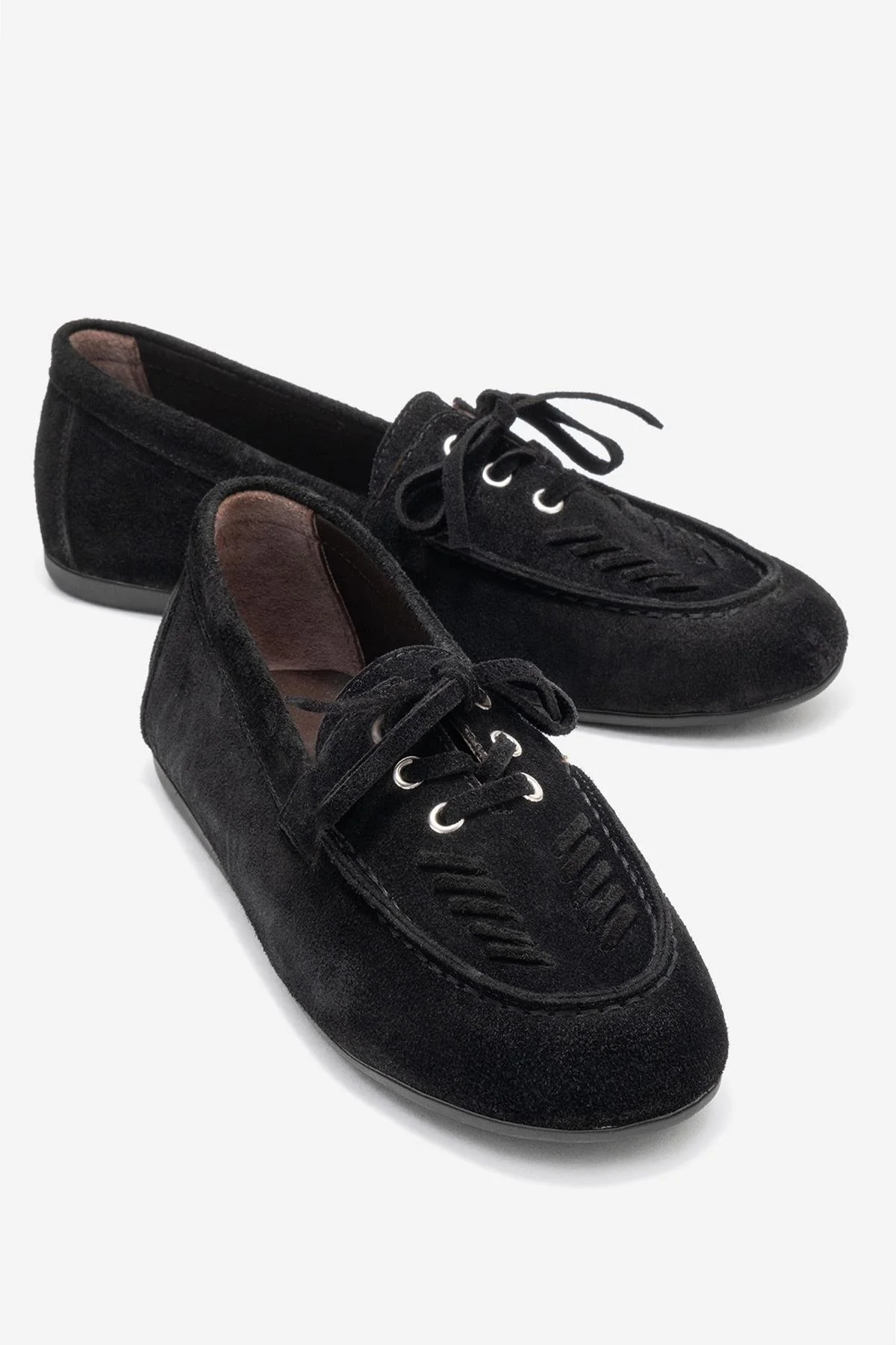 Lorven - Black Suede Genuine Leather Lace-Up Loafer Shoe (Women)