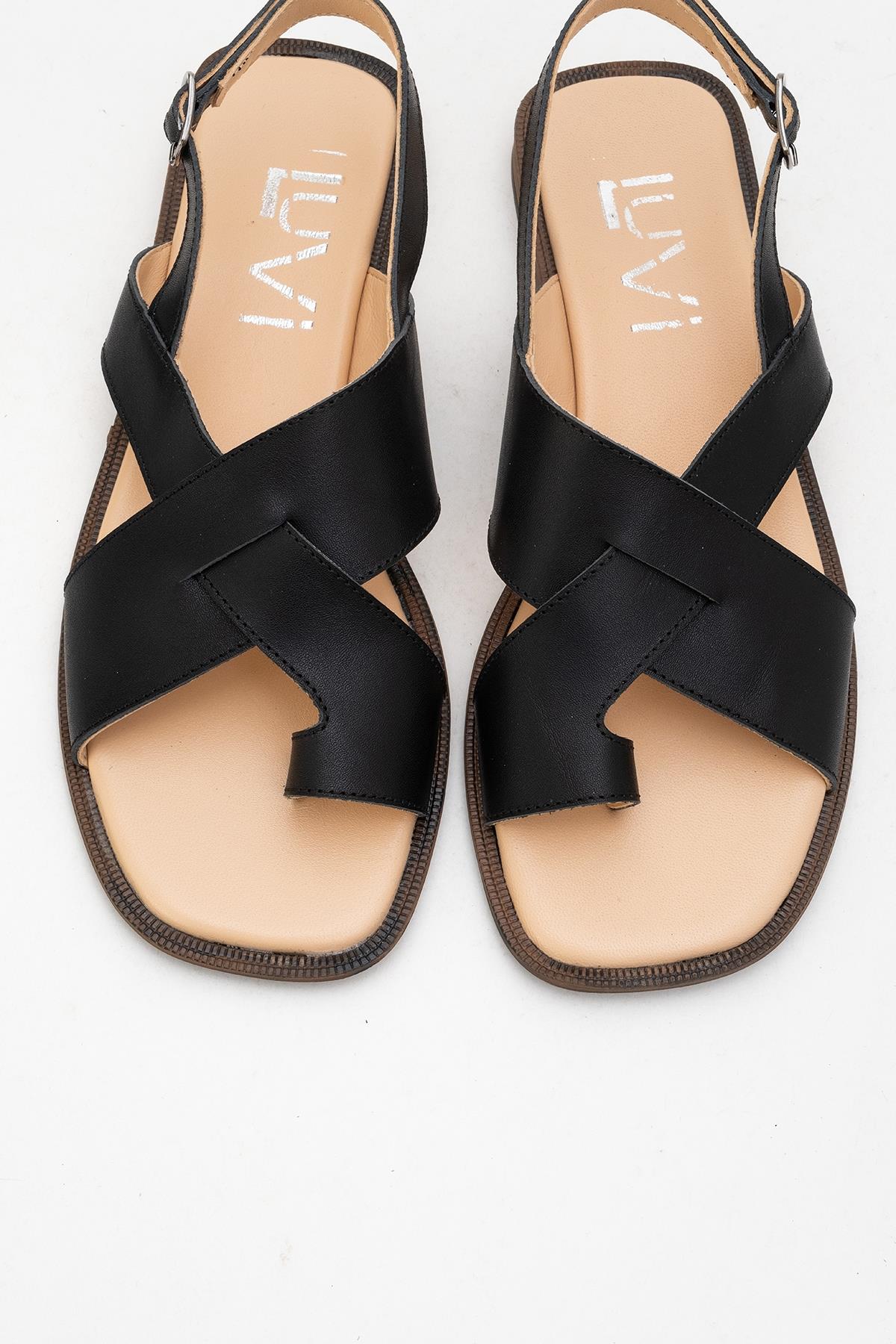 Louna - Black Leather Thong Sandals (Women) - Image 2