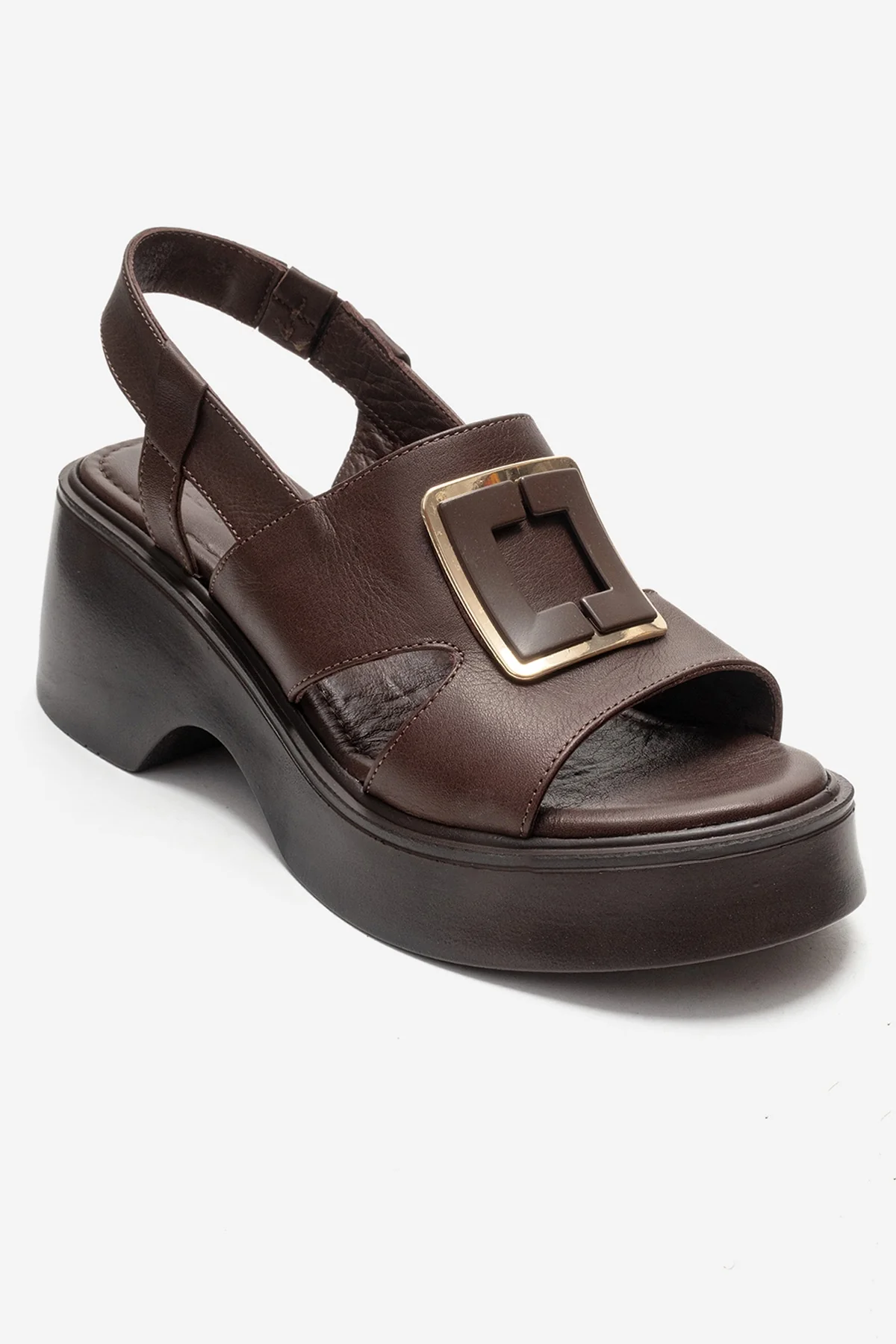 Lucia - Brown Buckle Genuine Leather Wedge Heel Sandal (Women) - Image 3