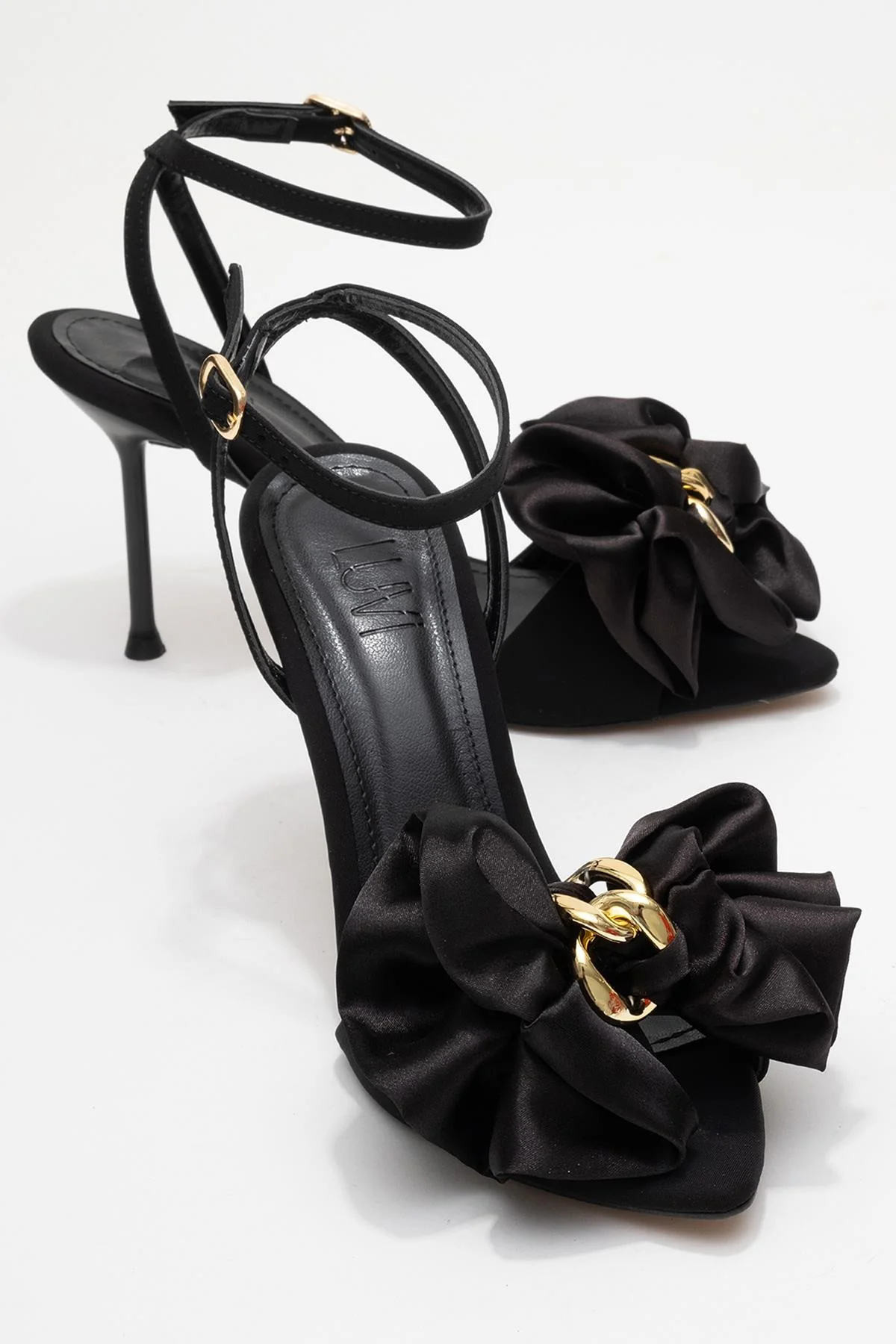 Lucy - Black Satin Bow Open-Toe Stiletto (Women)