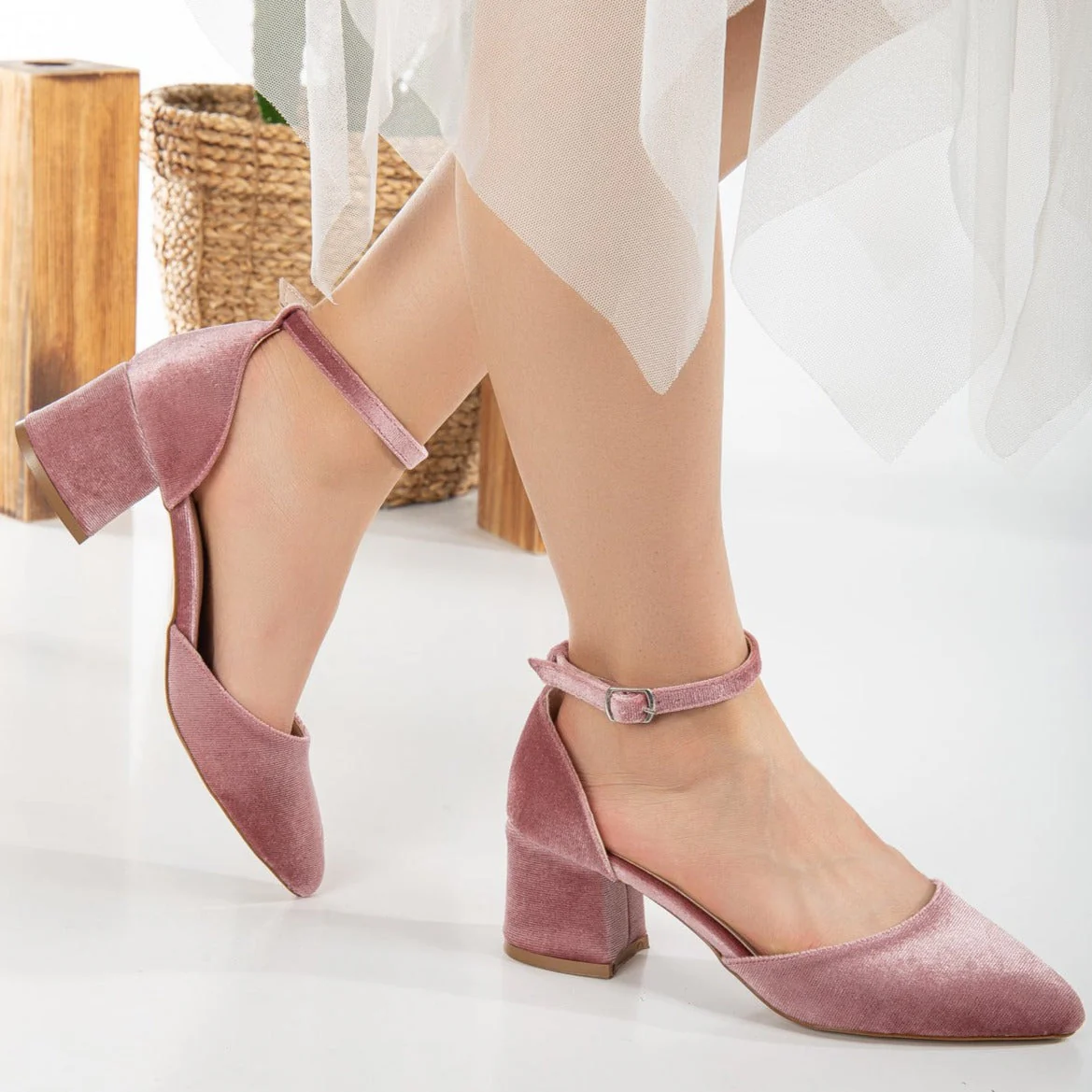 Marcelle - Rose Velvet Low Heels - Image 3