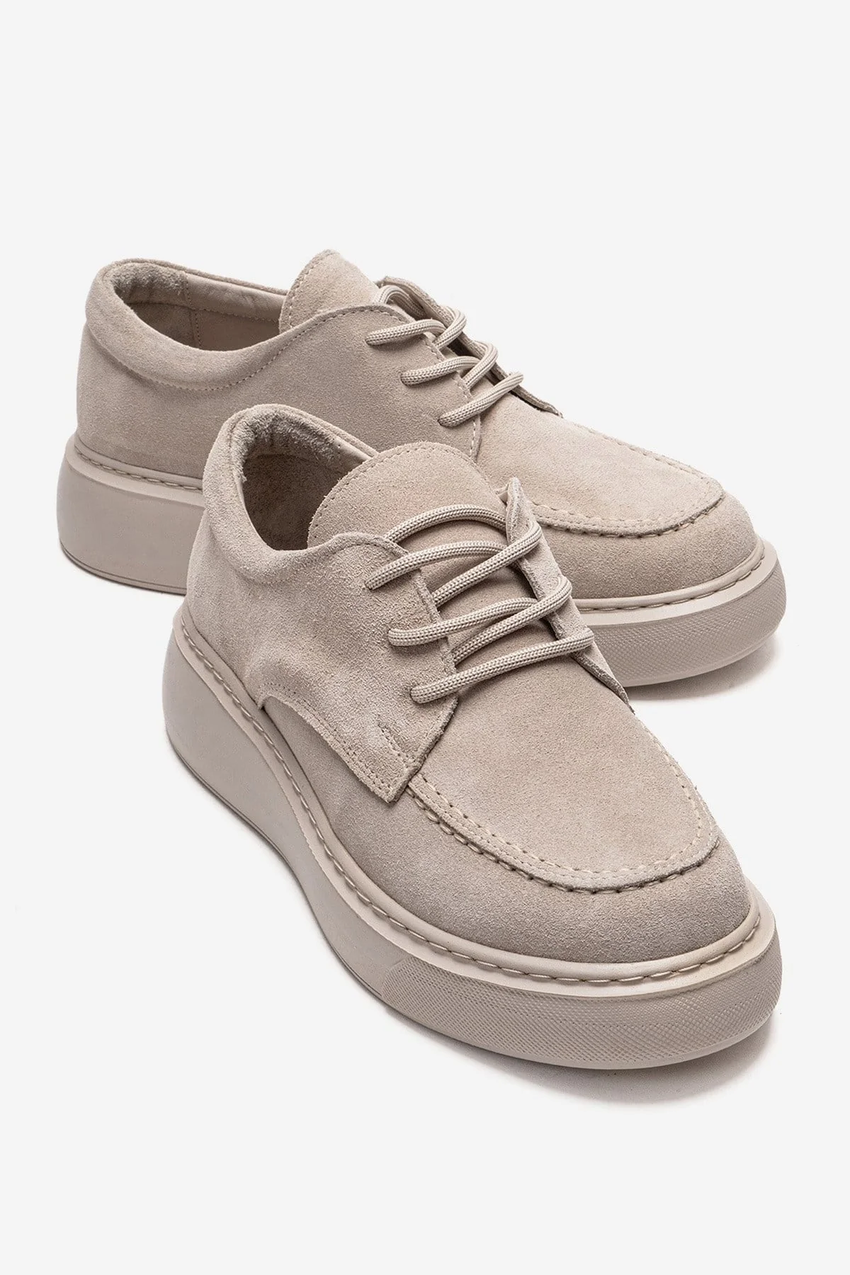 MAREON - Beige Suede Genuine Leather Lace-Up Sneaker (Women)