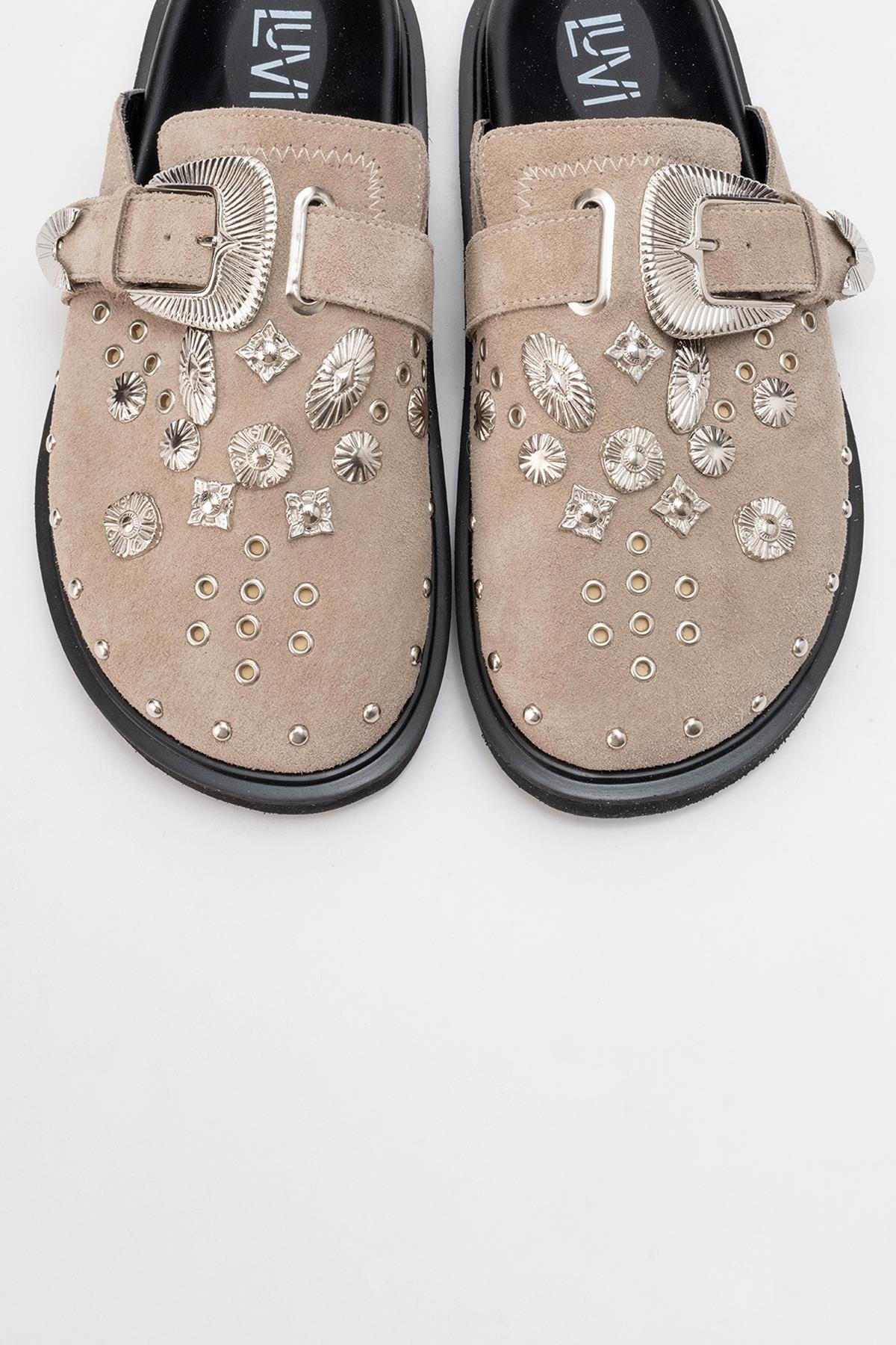 Maril Beige Suede Leather Buckle Slide (Women) - Image 2