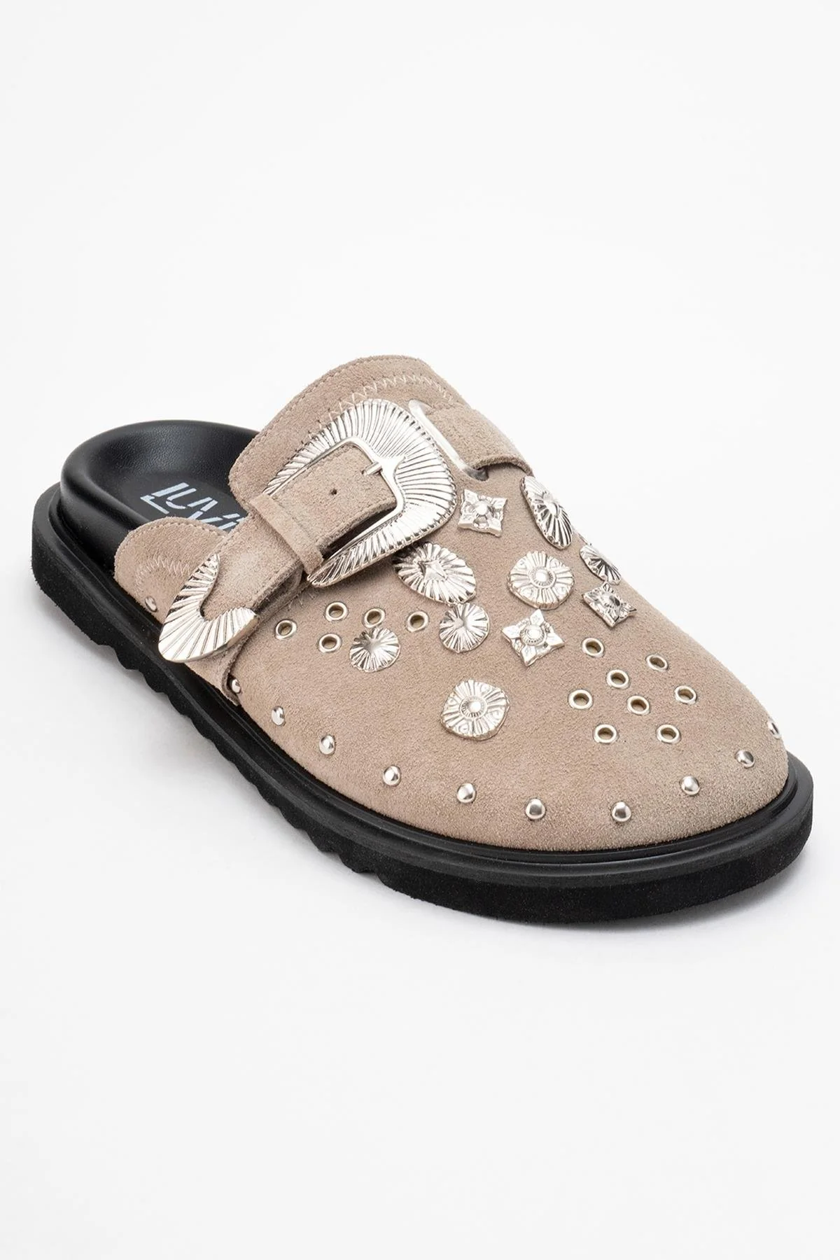 Maril Beige Suede Leather Buckle Slide (Women) - Image 3