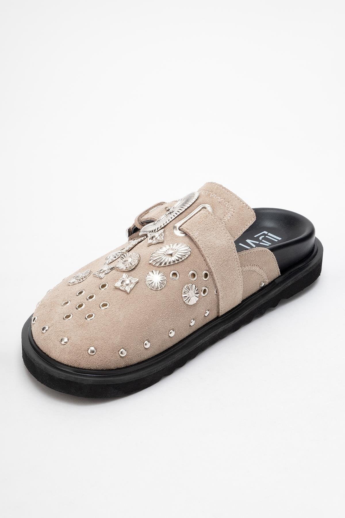 Maril Beige Suede Leather Buckle Slide (Women) - Image 4