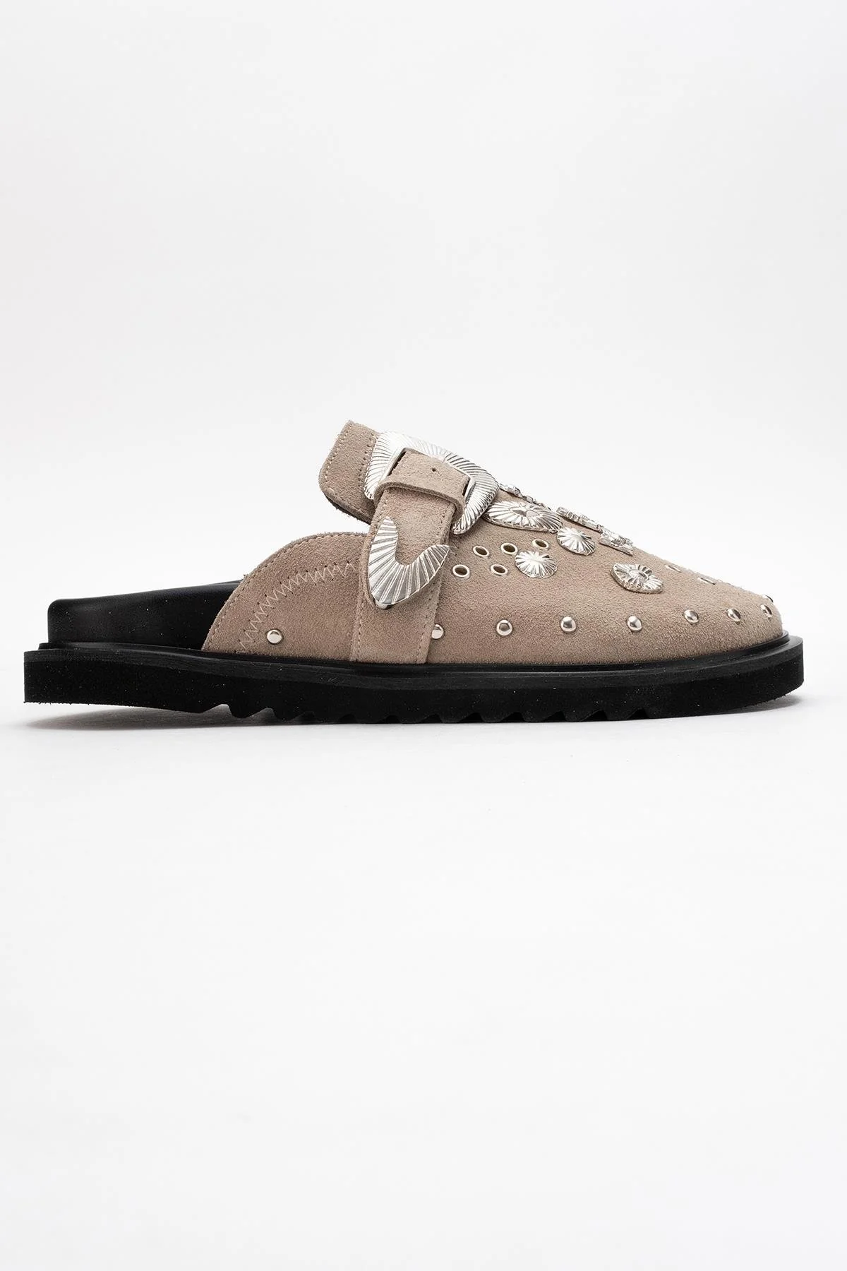 Maril Beige Suede Leather Buckle Slide (Women) - Image 6