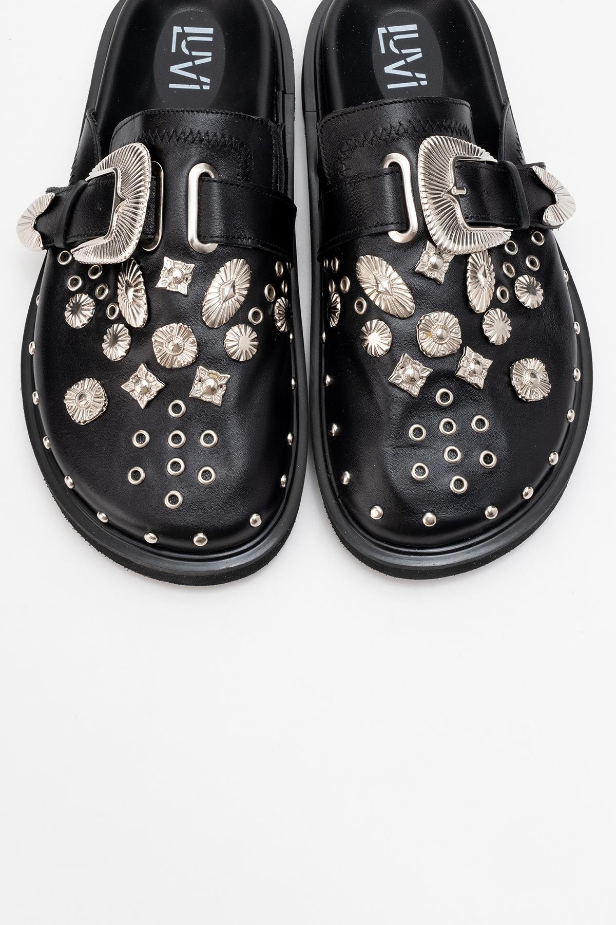Maril Black Leather Buckle Slide (Women) - Image 2