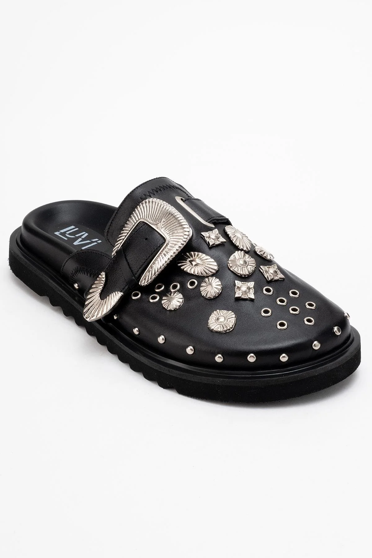 Maril Black Leather Buckle Slide (Women) - Image 3