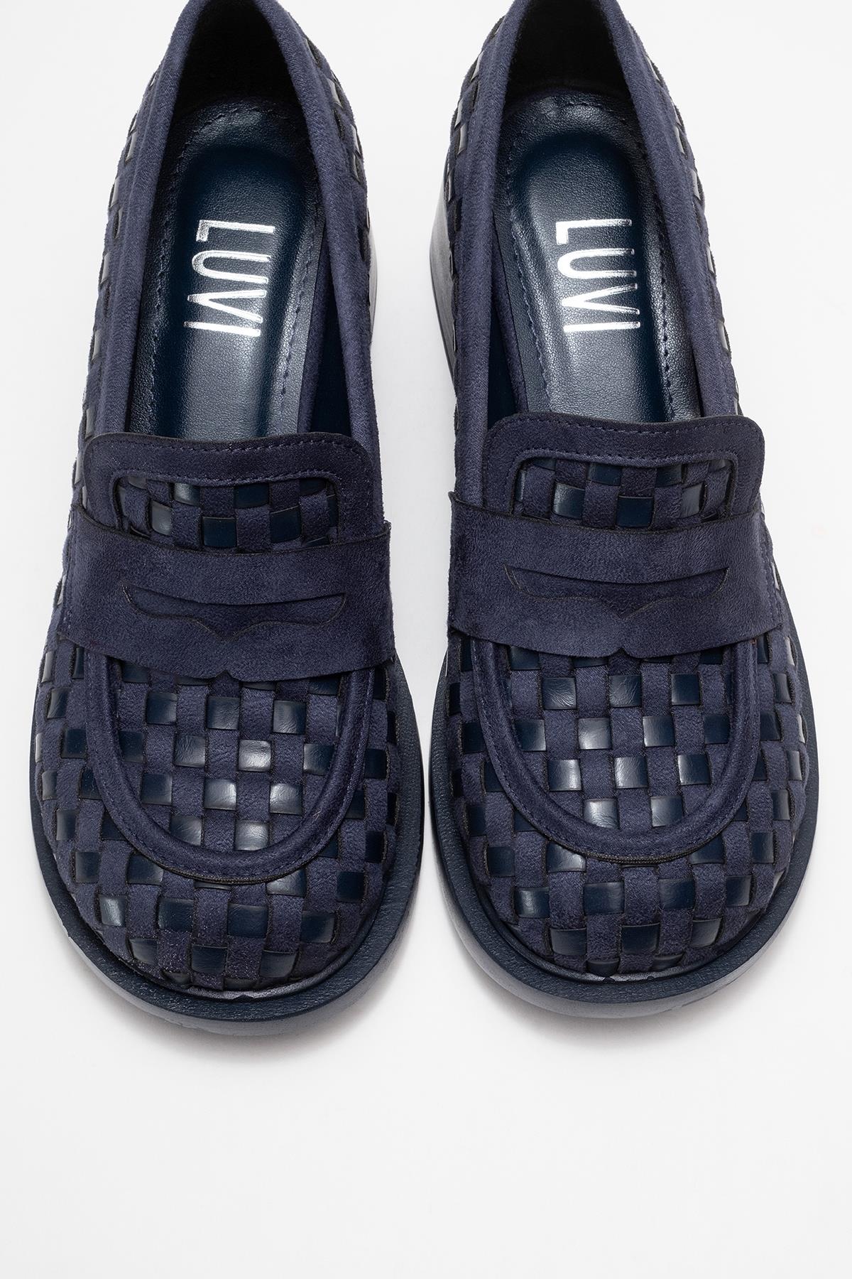 Marlon - Navy Woven Block Heel Shoe (Women) - Image 2