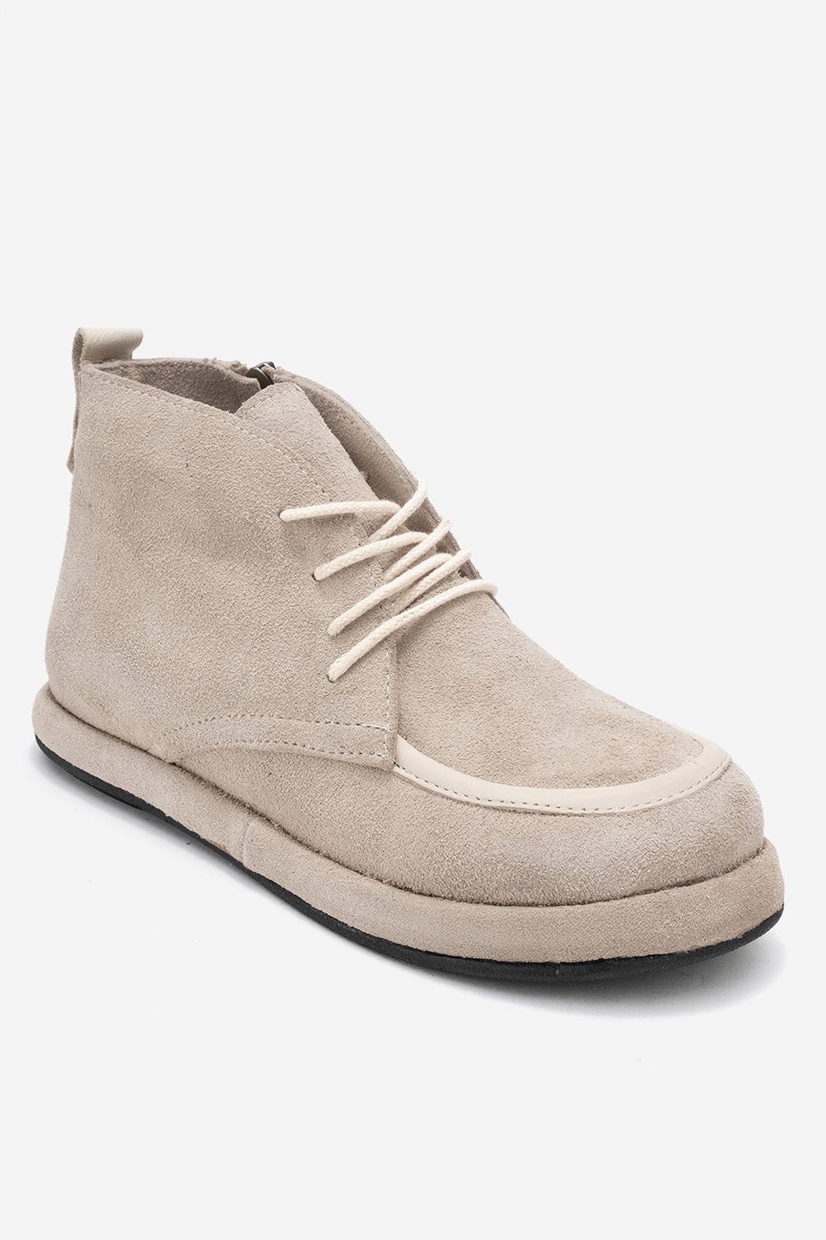 Martas - Beige Suede Genuine Leather Lace-Up Zip Ankle Boot (Women) - Image 3