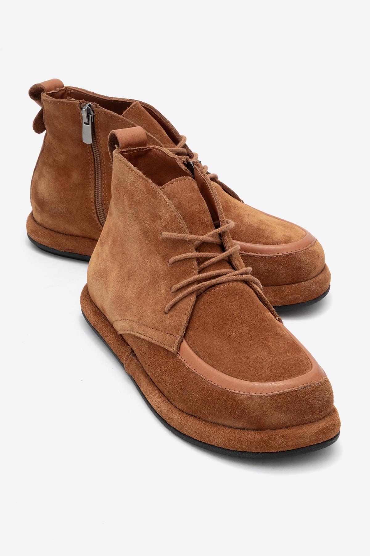 Martas - Cognac Suede Genuine Leather Lace-Up Zip Ankle Boot (Women)