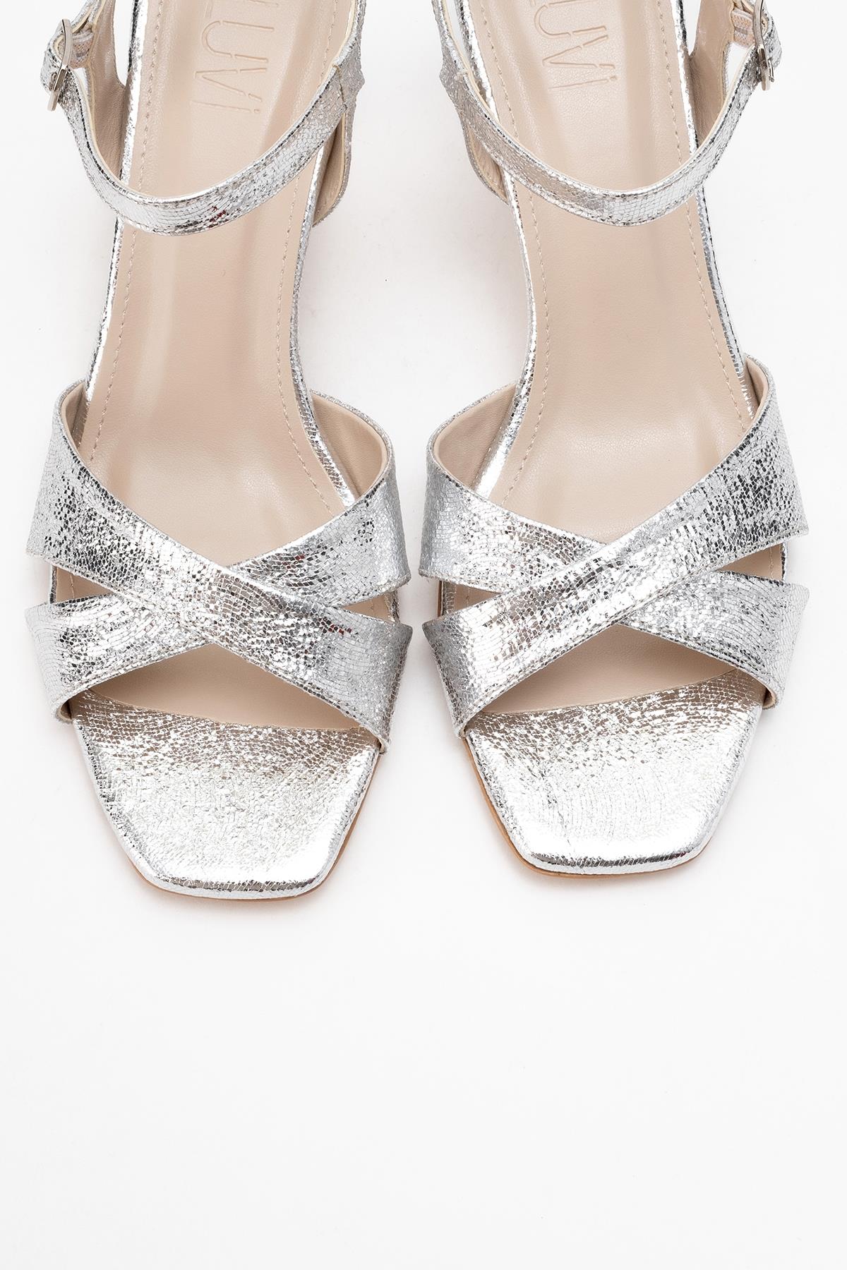 Melin - Silver Patterned Cross-Strap Heeled Shoe (Women) - Image 2