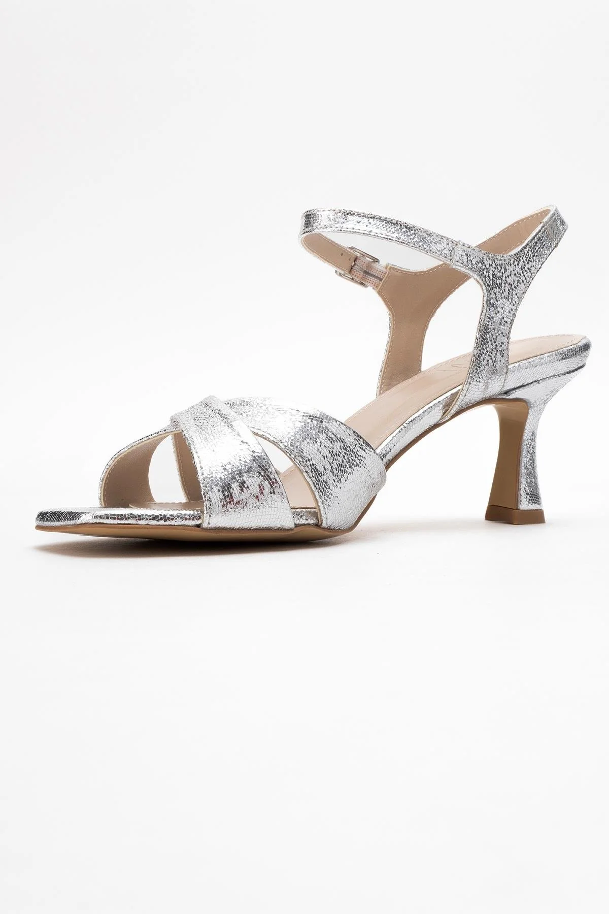Melin - Silver Patterned Cross-Strap Heeled Shoe (Women) - Image 4