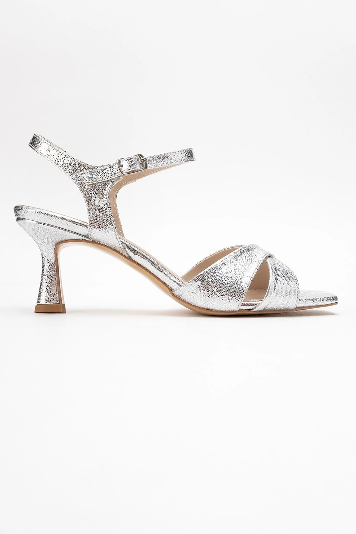 Melin - Silver Patterned Cross-Strap Heeled Shoe (Women) - Image 6