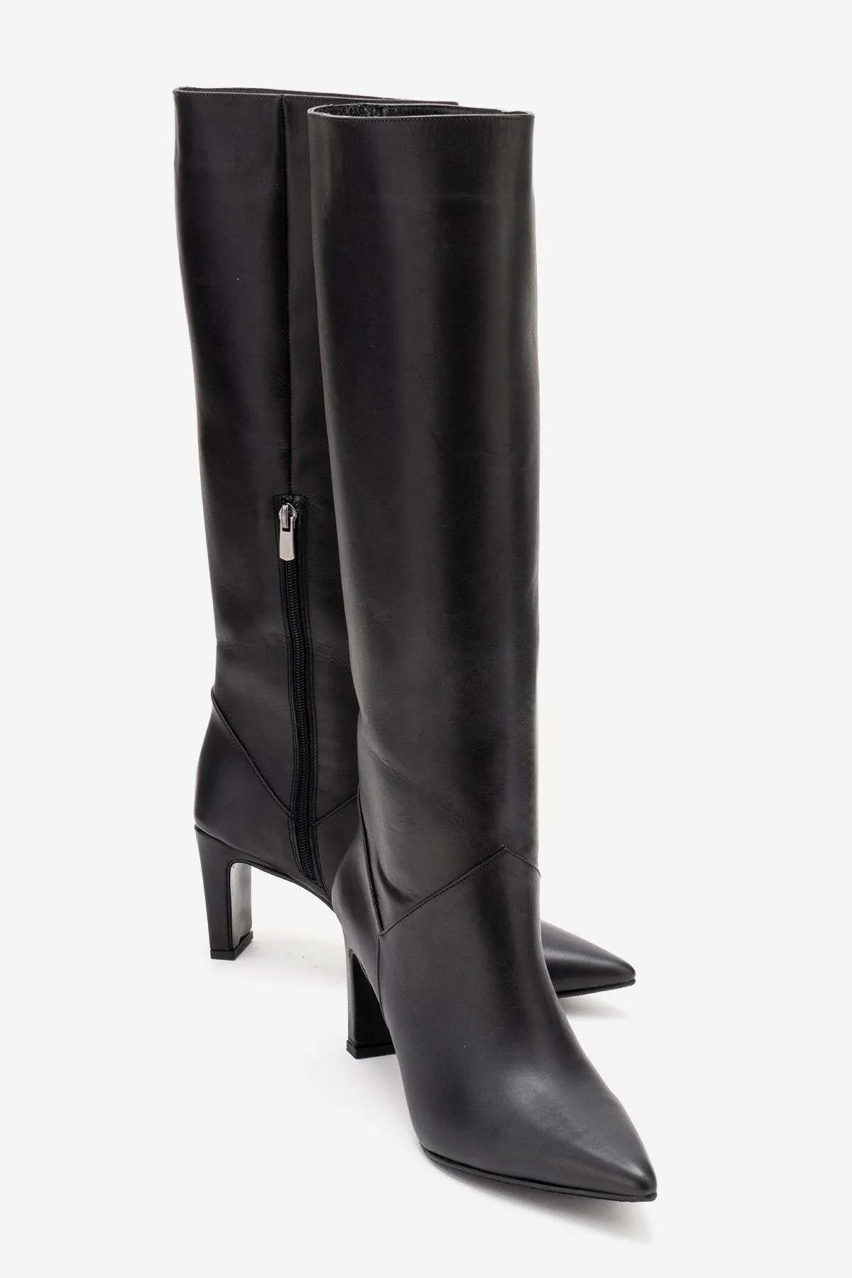 MERLA - Black Genuine Leather Block Heel Boot (Women)