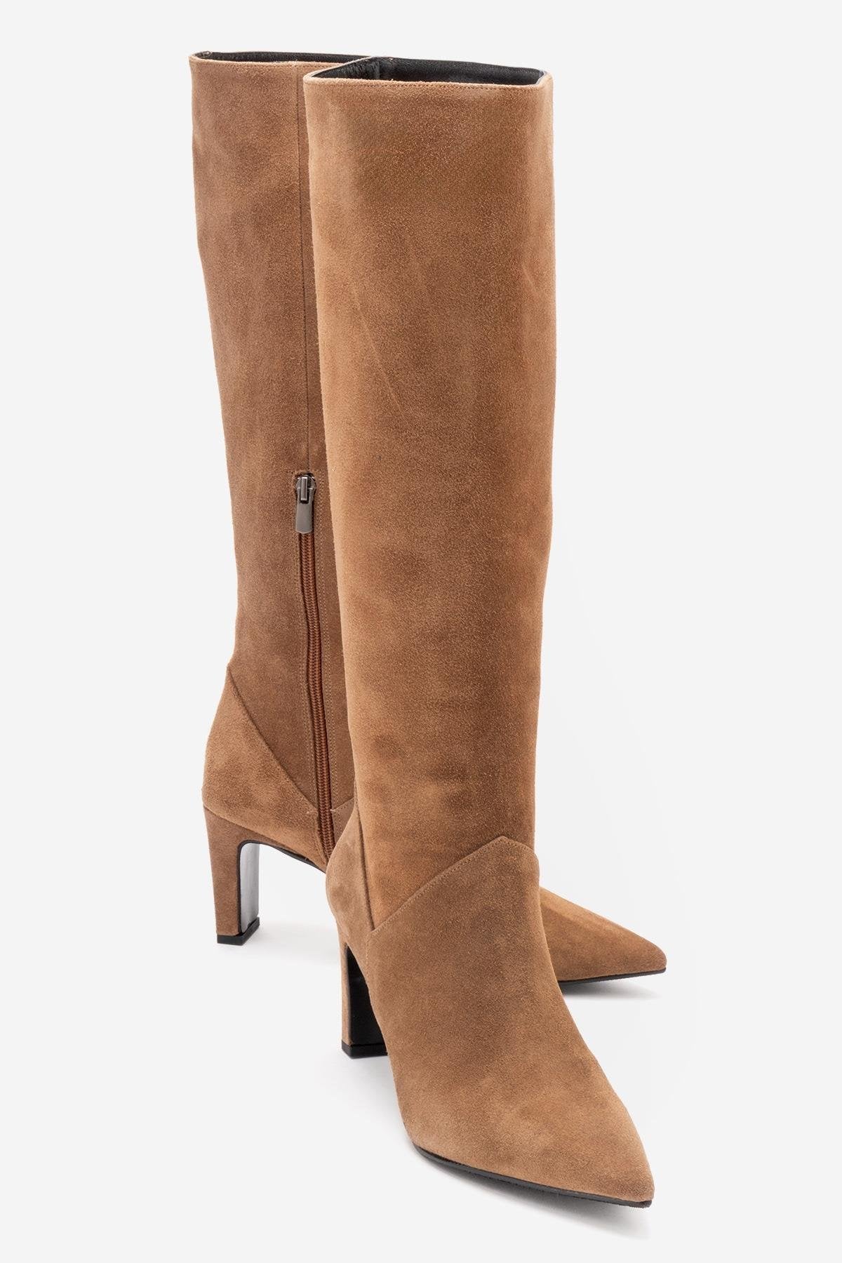 MERLA - Taupe Suede Genuine Leather Block Heel Boot (Women)