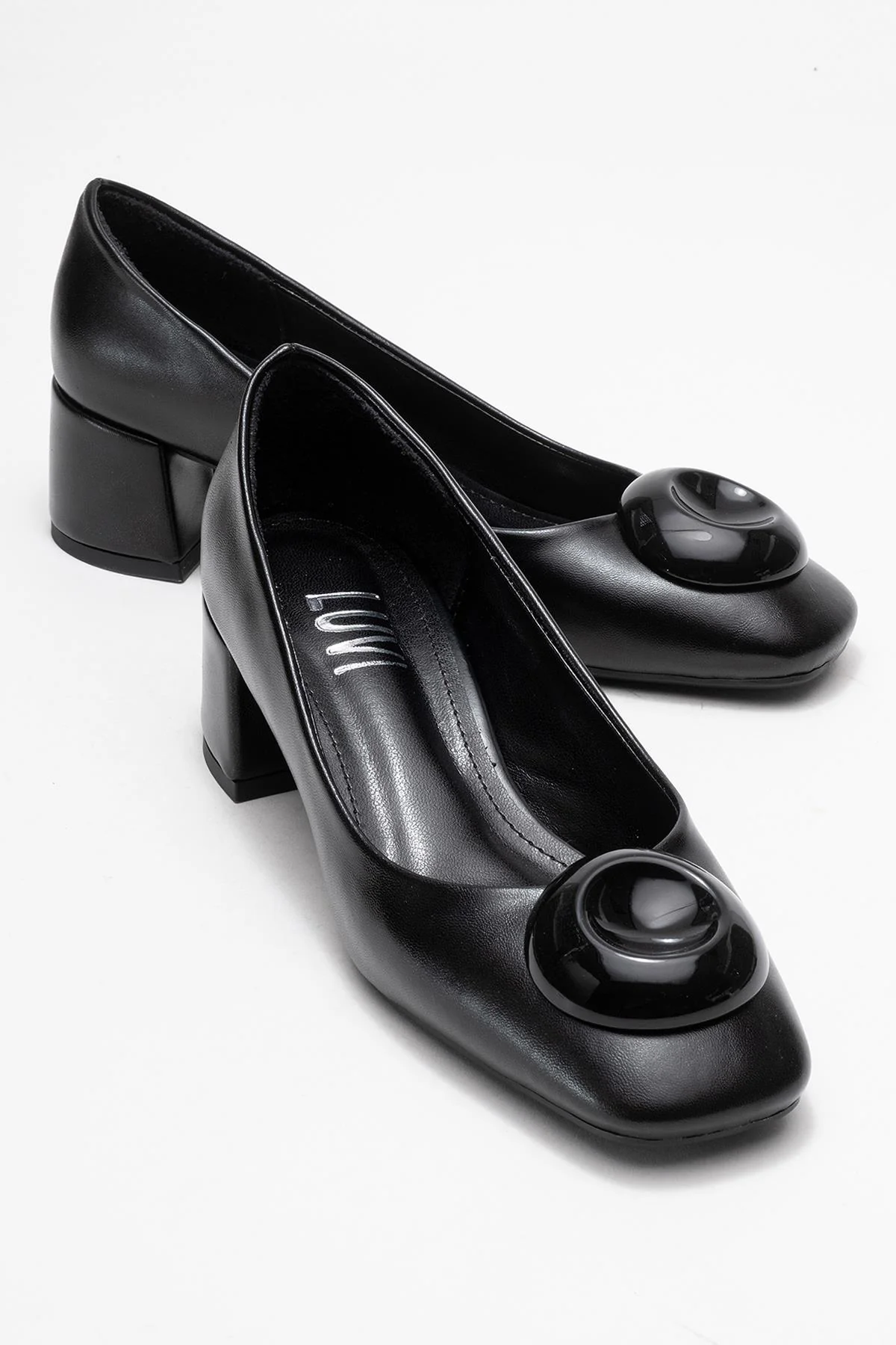 Mila - Black Buckle Square Toe Block Heel Shoe (Women)