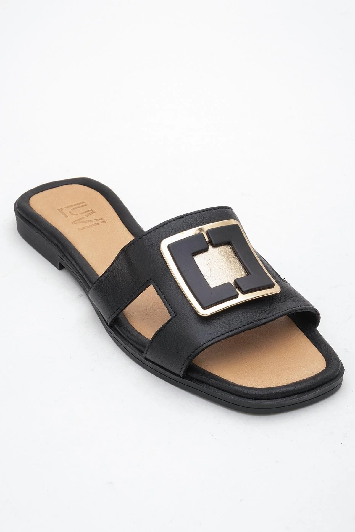 MILLIE Black Leather Buckle Slide (Women) - Image 3