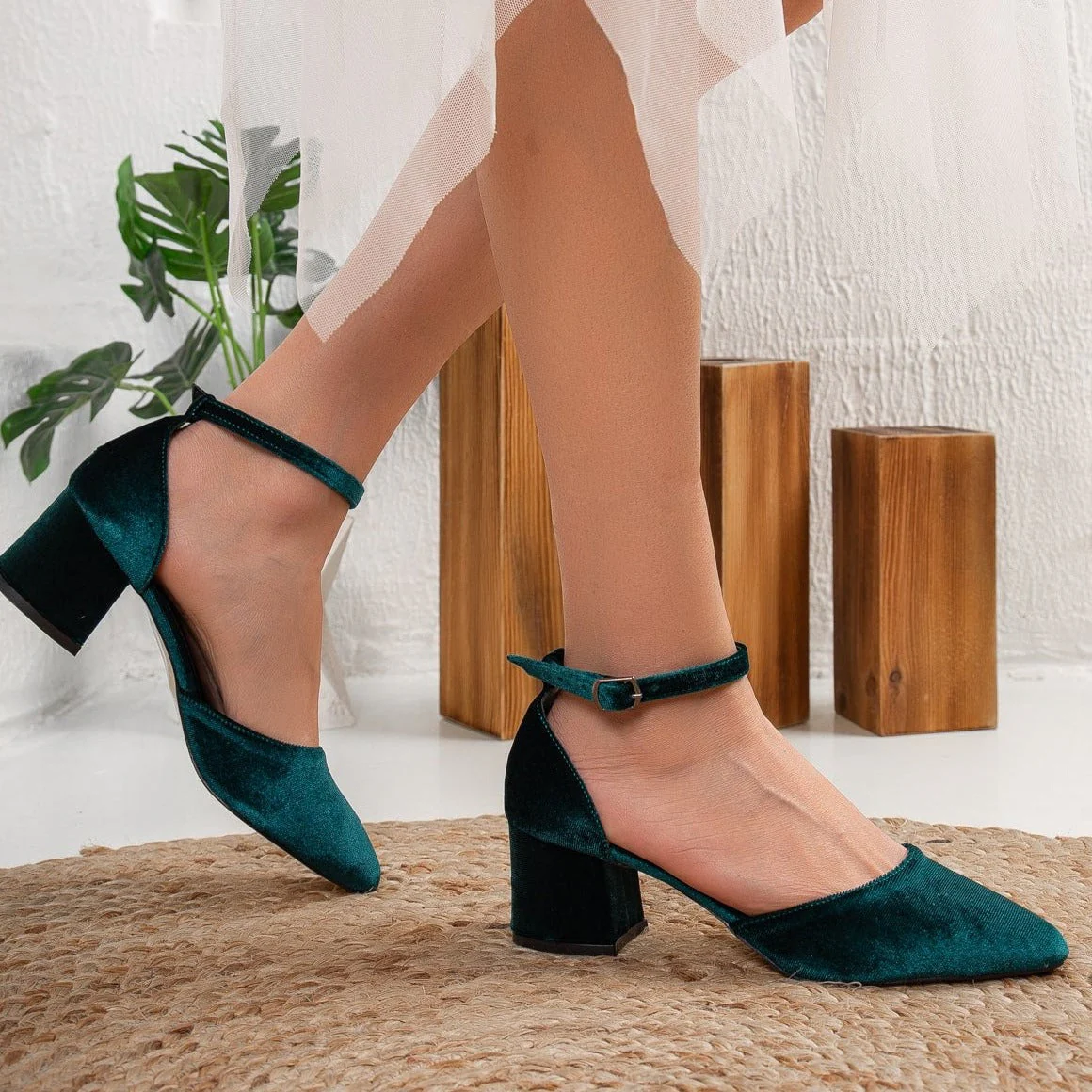 Miranda - Emerald Green Velvet Heels with Pearls - Image 7